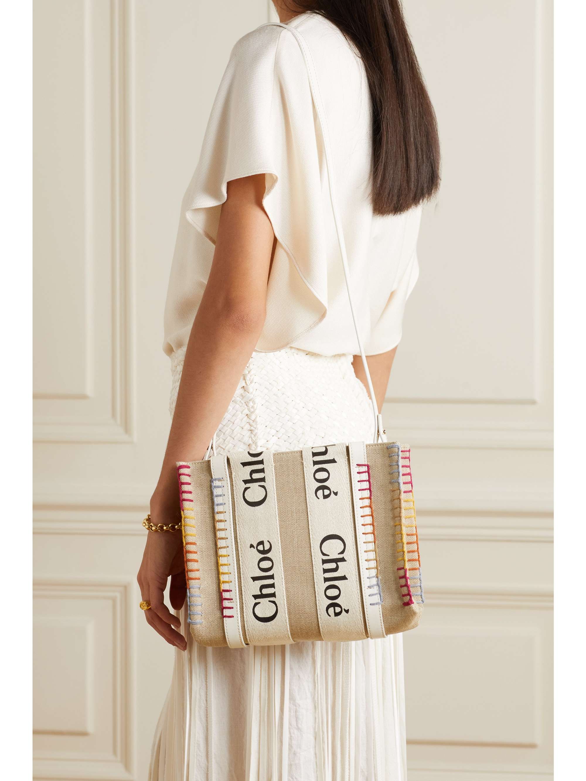 CHLOÉ Woody small leather-trimmed linen-canvas tote