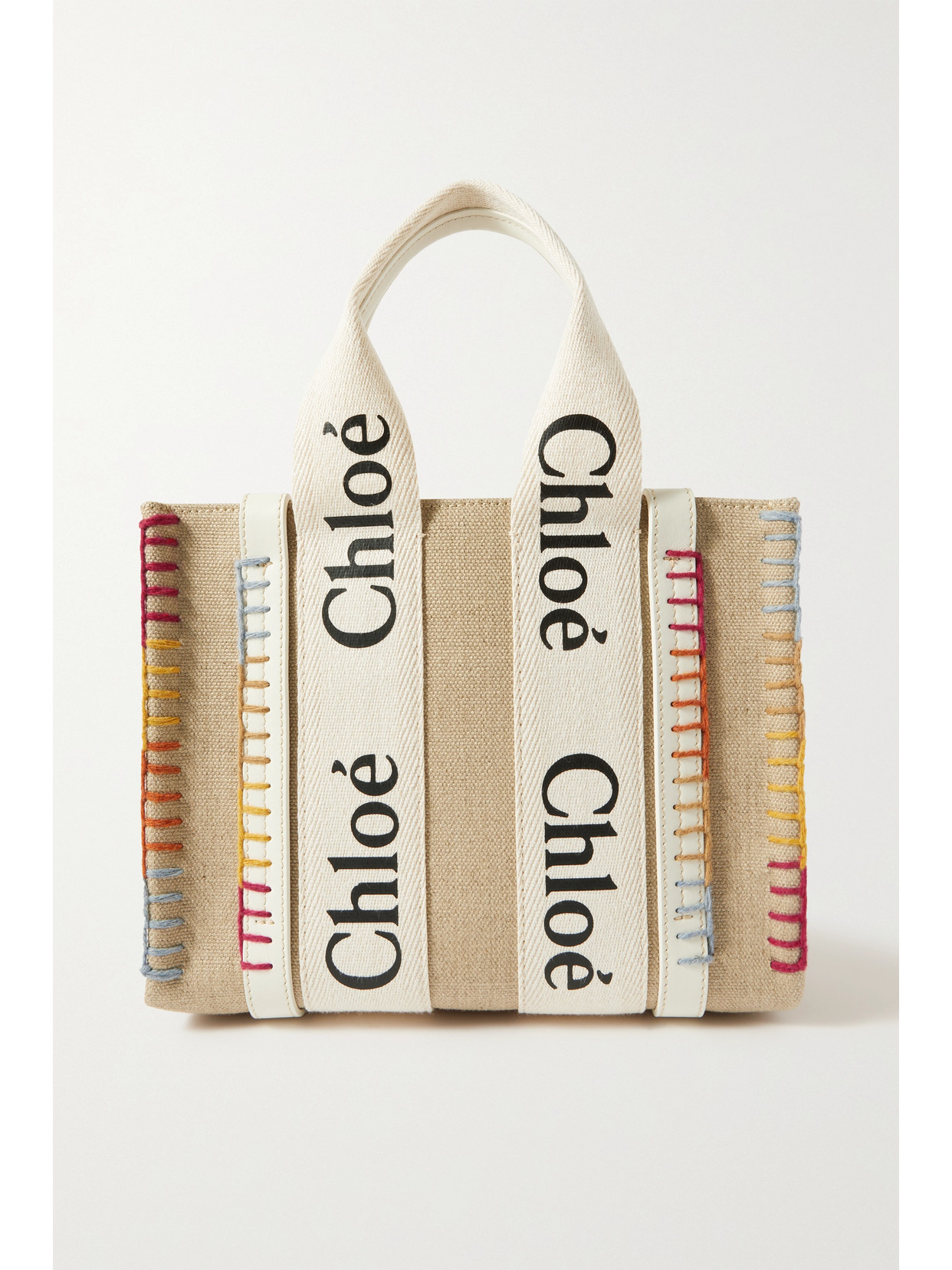 Chloé Woody Small Leather-trimmed Linen-canvas Tote In White