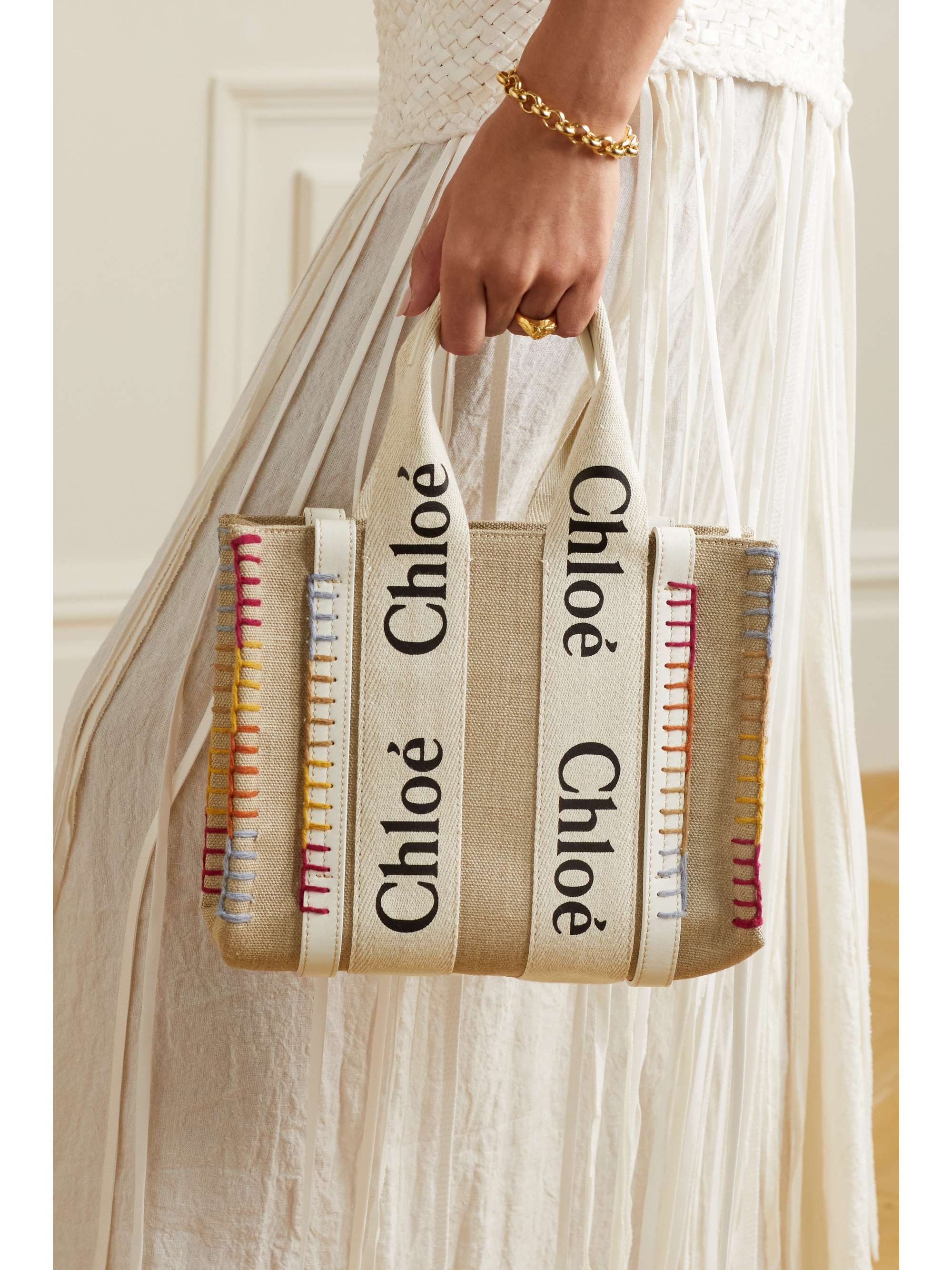 CHLOÉ Woody small leather-trimmed linen-canvas tote