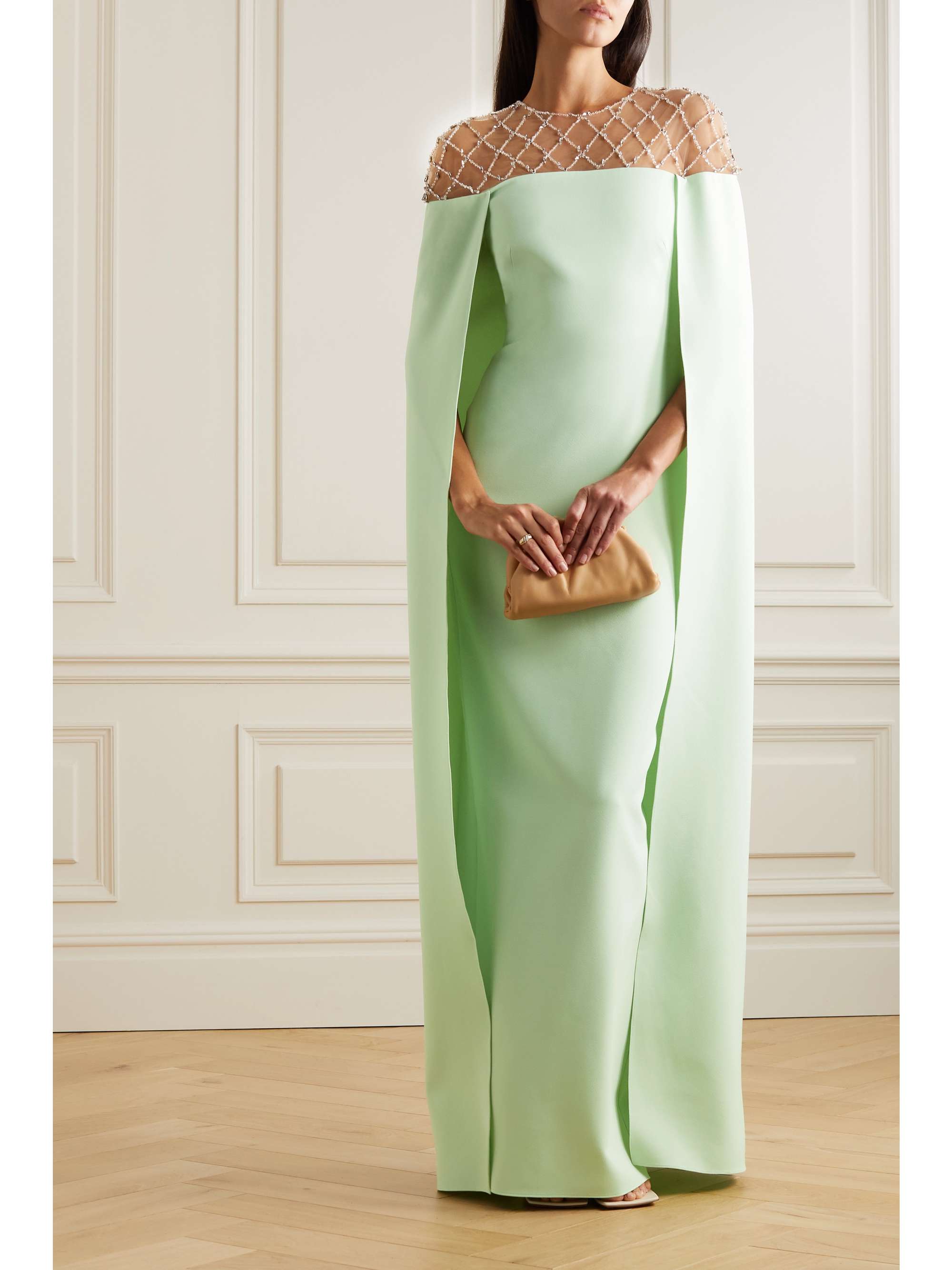 SAFIYAA Ambere cape-effect embellished crepe and tulle gown