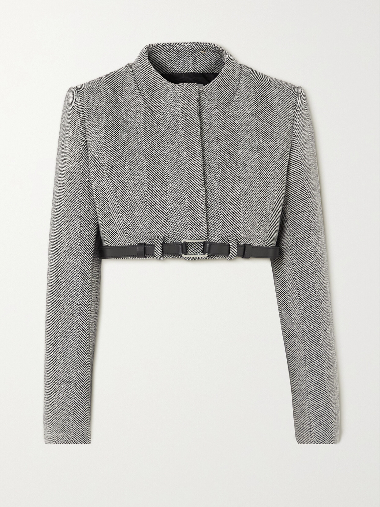 Coperni Cropped Belted Herringbone Wool-blend Tweed Jacket - Gray
