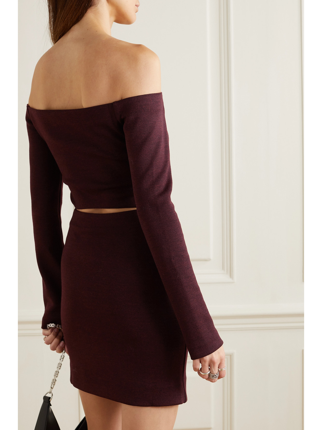 Shop Gauchère Off-the-shoulder Cutout Wool Mini Dress In Burgundy