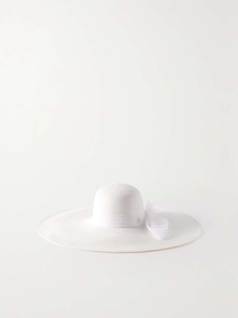 Maison Michel Blanche Bow-detailed Tulle-trimmed Straw Sunhat