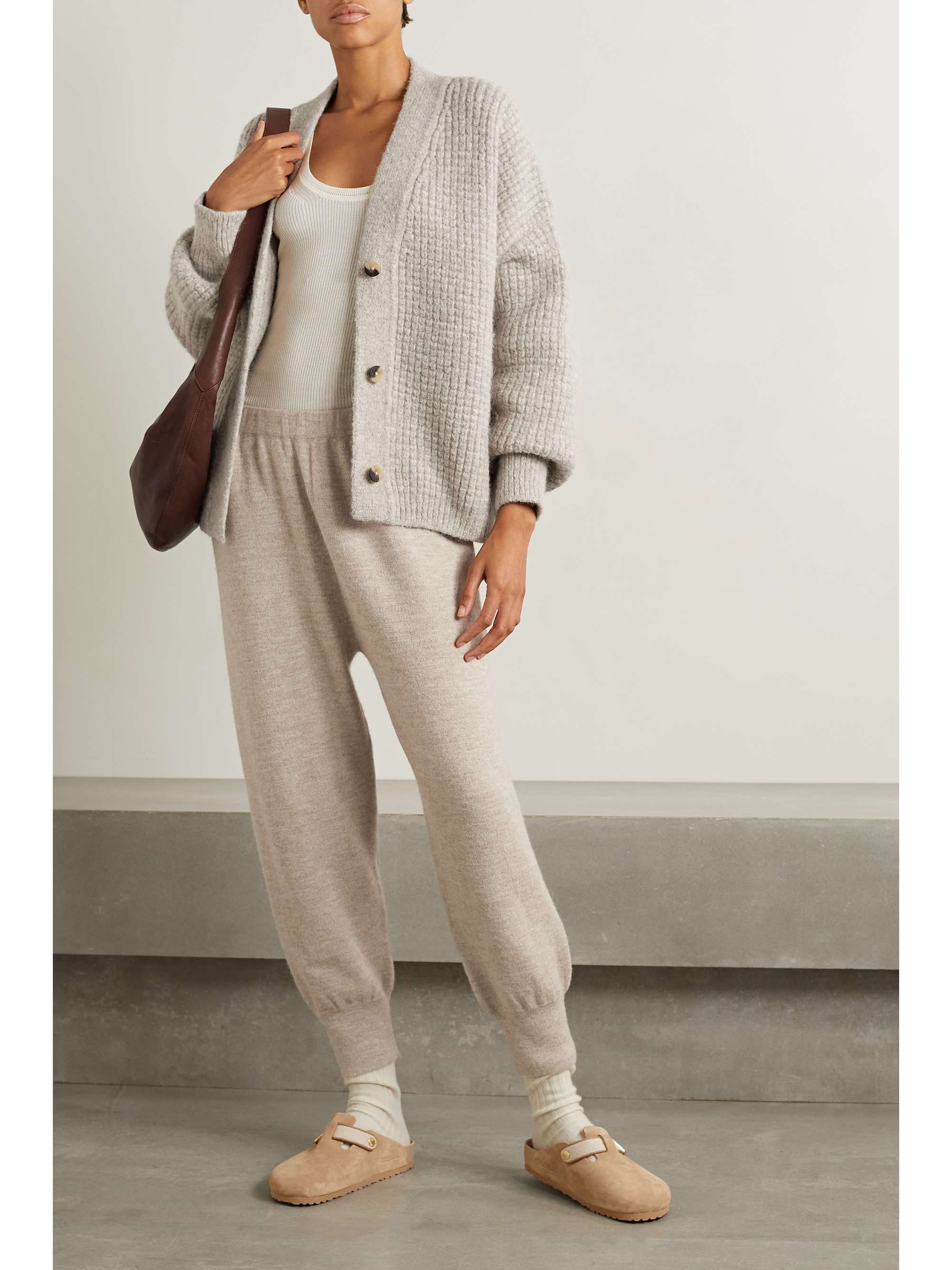 Taupe Waffle-knit alpaca-blend cardigan 