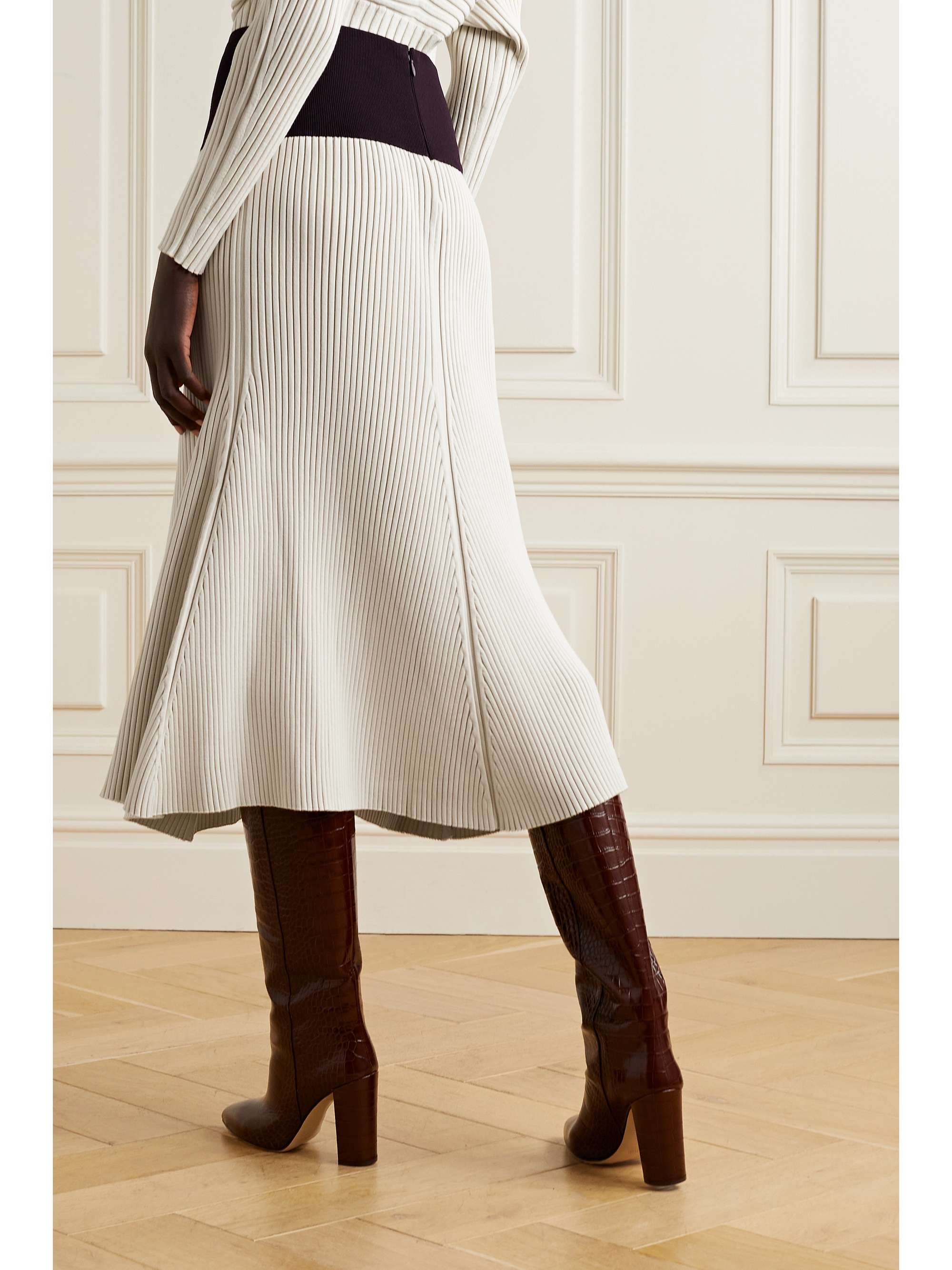 TORY BURCH Two-tone ribbed-knit midi skirt