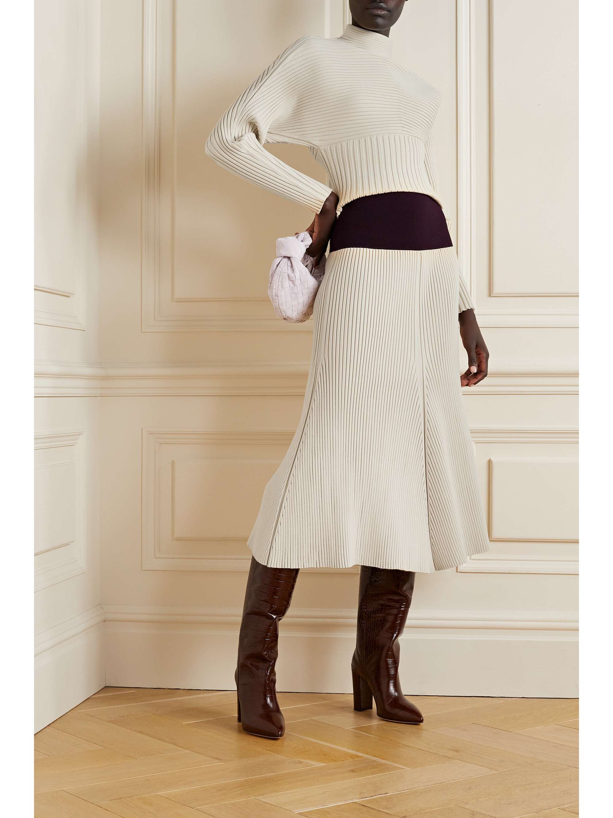 TORY BURCH Two-tone ribbed-knit midi skirt