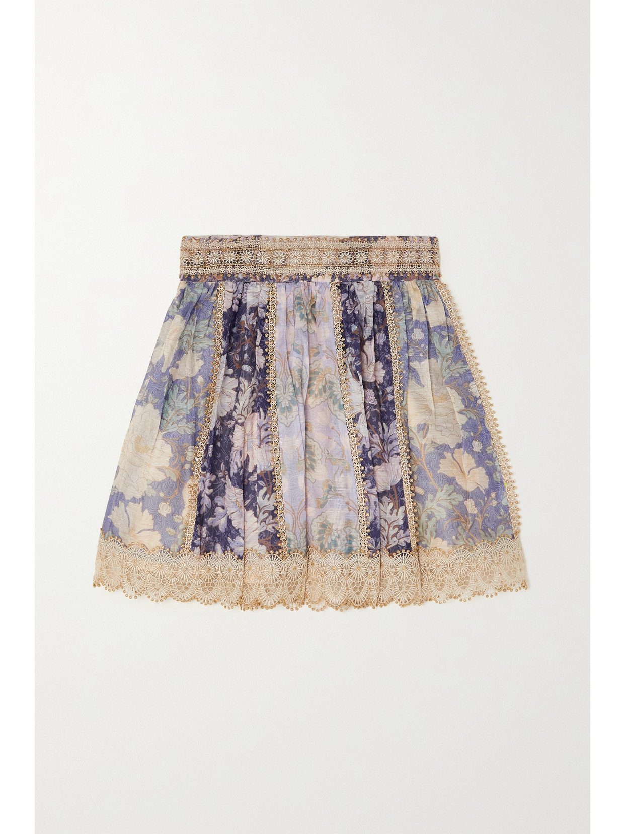 Zimmermann Celestial Lace-trimmed Floral-print Linen And Silk-blend Mini Skirt In Purple