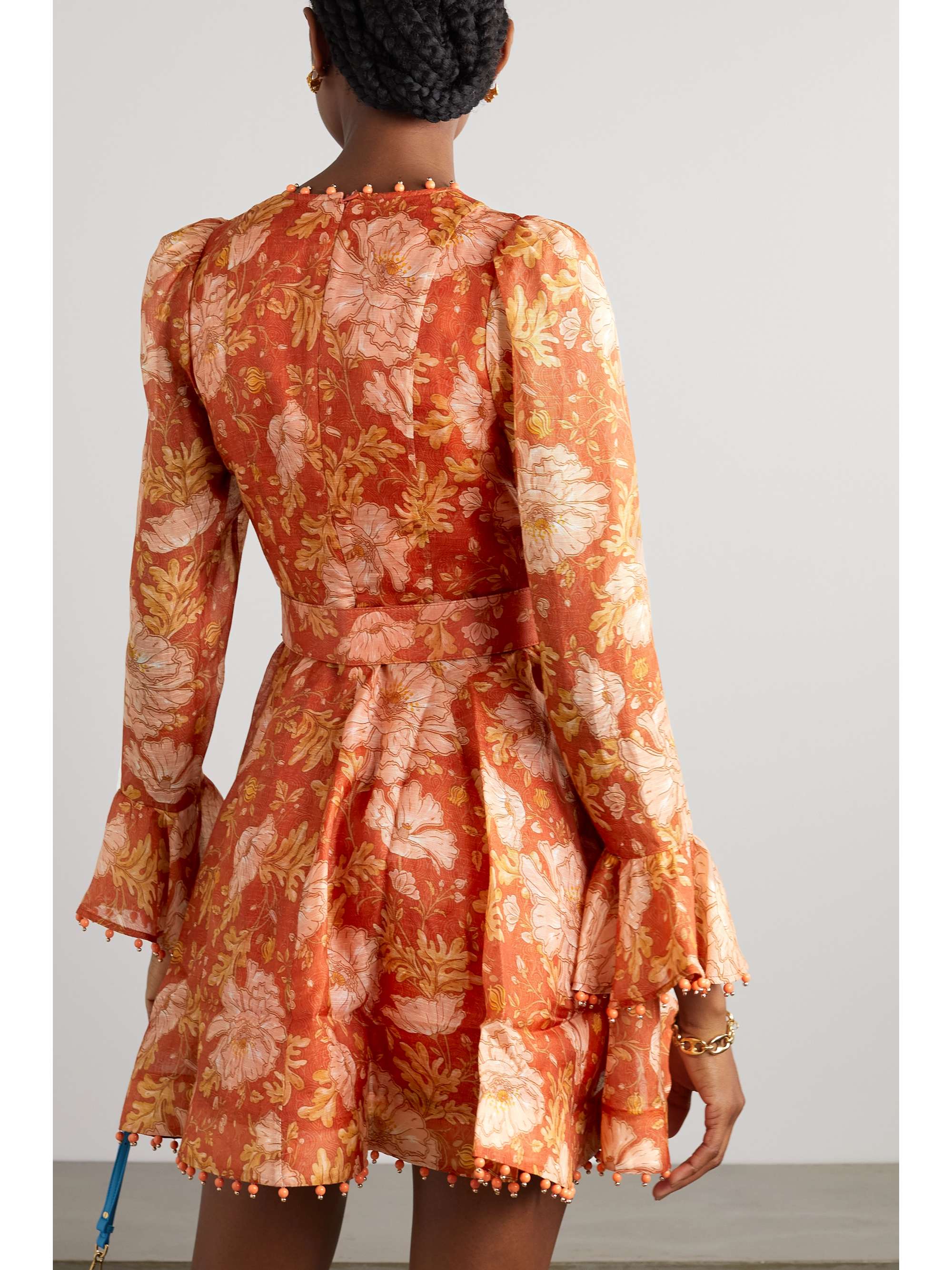 Orange Kaleidoscope belted embellished floral-print linen and silk-blend mini dress | ZIMMERMANN 