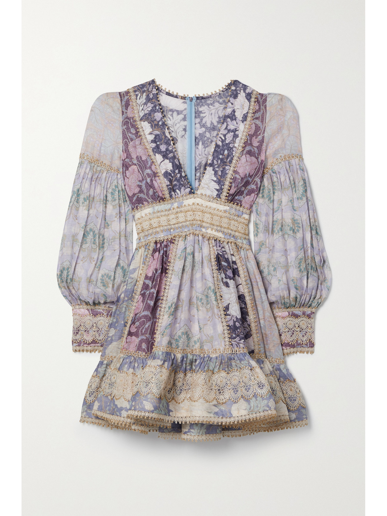 ZIMMERMANN CELESTIAL CROCHET-TRIMMED FLORAL-PRINT LINEN AND SILK-BLEND VOILE MINI DRESS