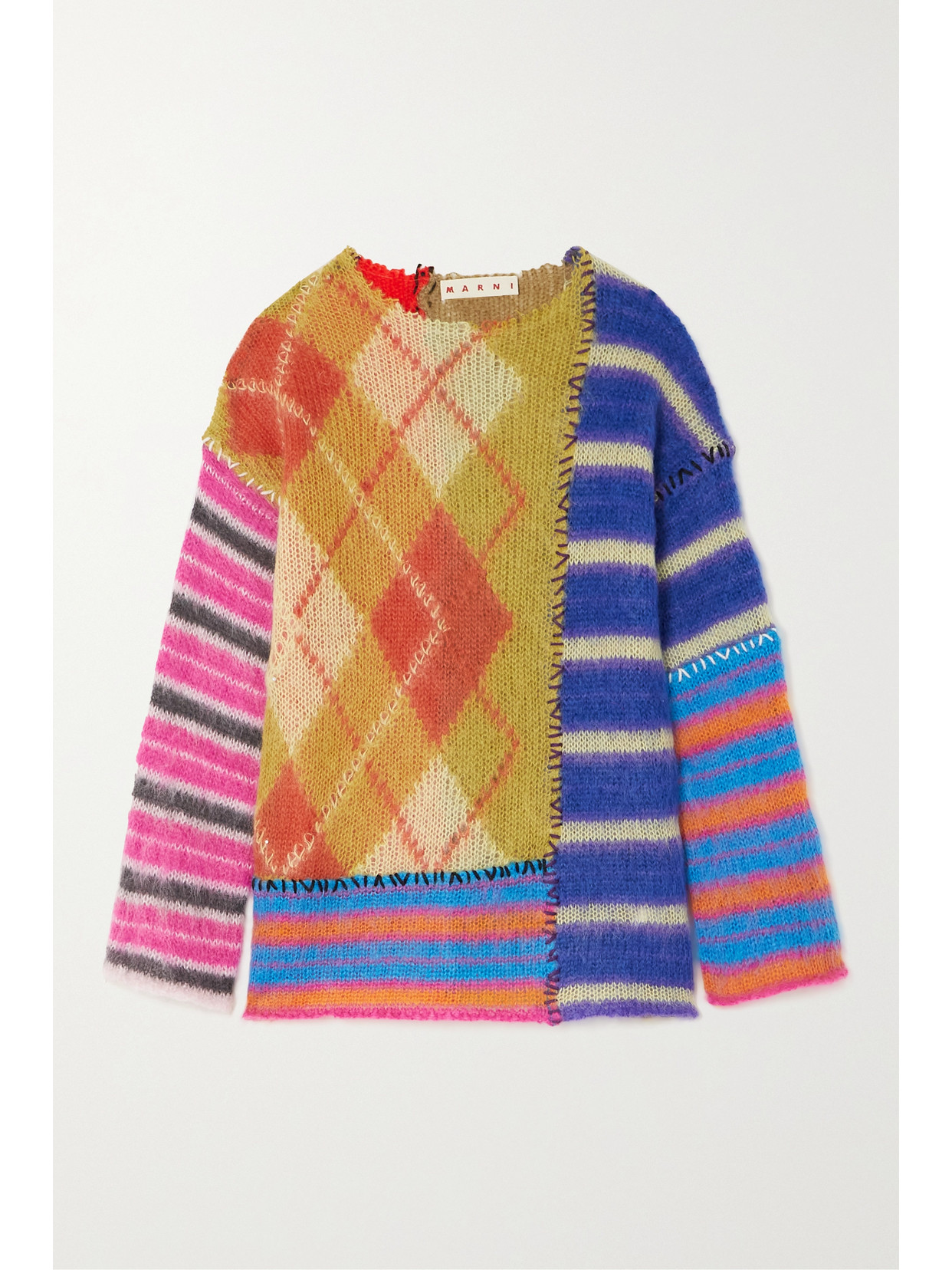 Marni Patchwork Brushed Jacquard-knit Mohair-blend Sweater In Pink