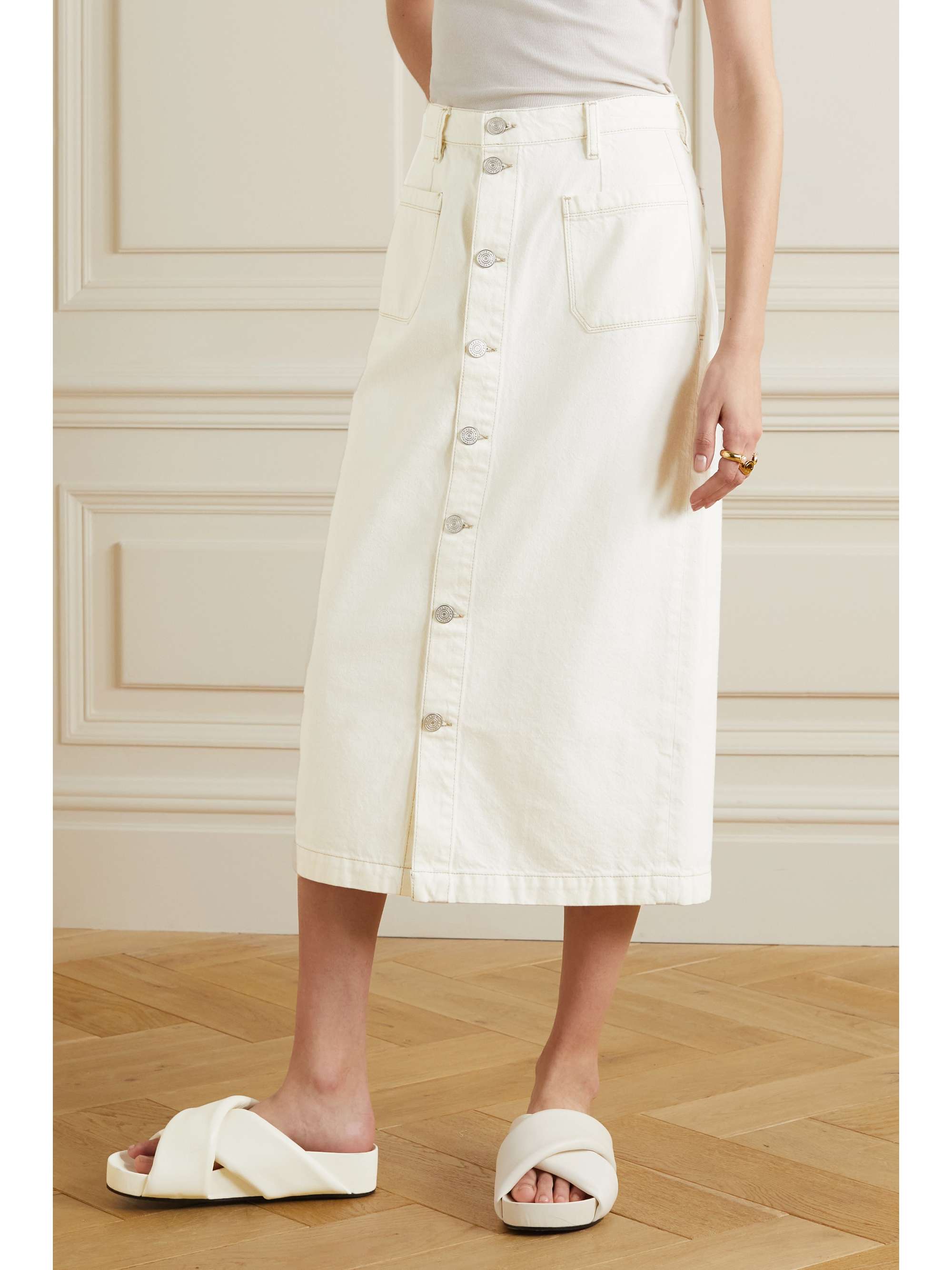 Ecru Le Bardot denim midi skirt | FRAME 