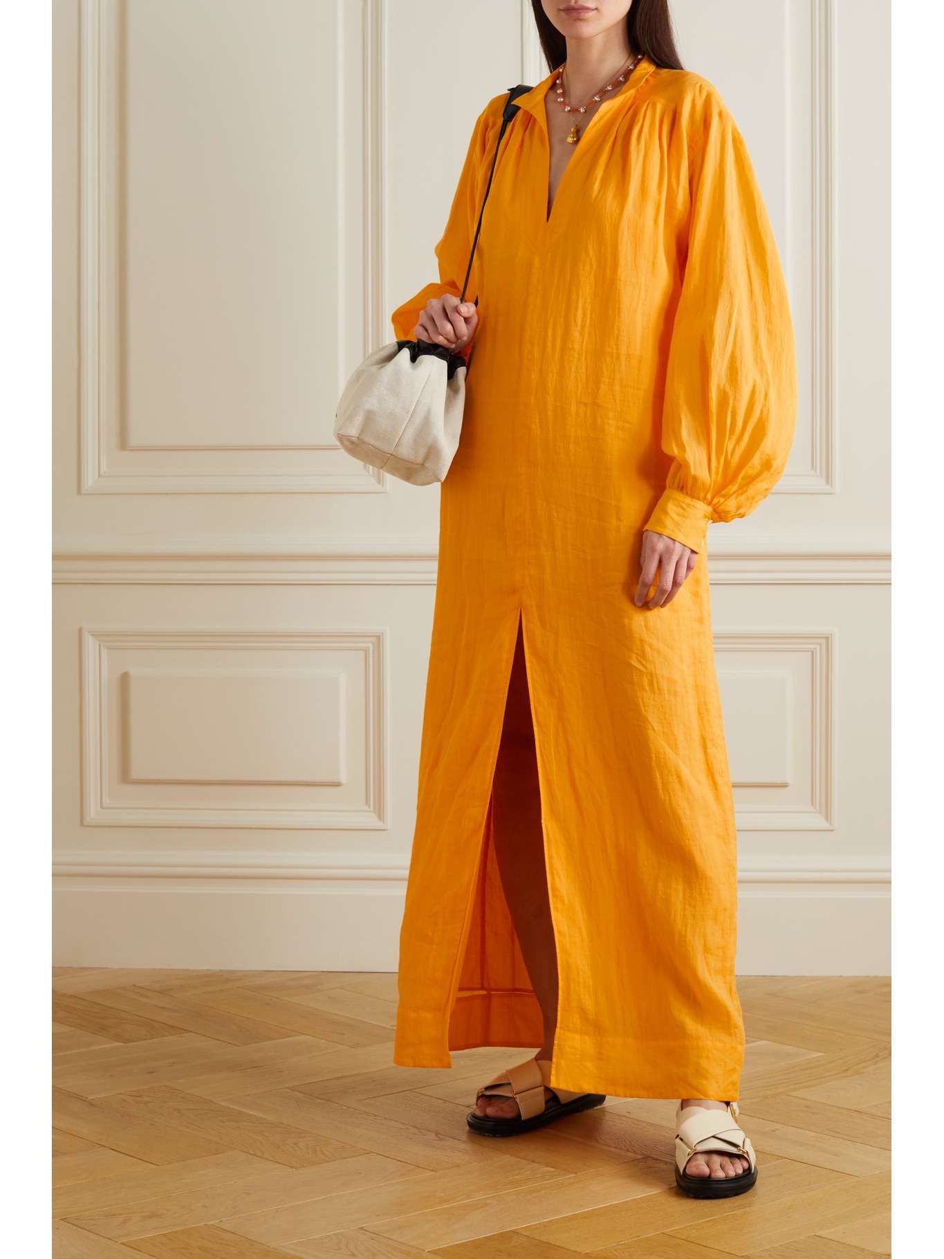 FRAME Pleated ramie maxi dress NETAPORTER