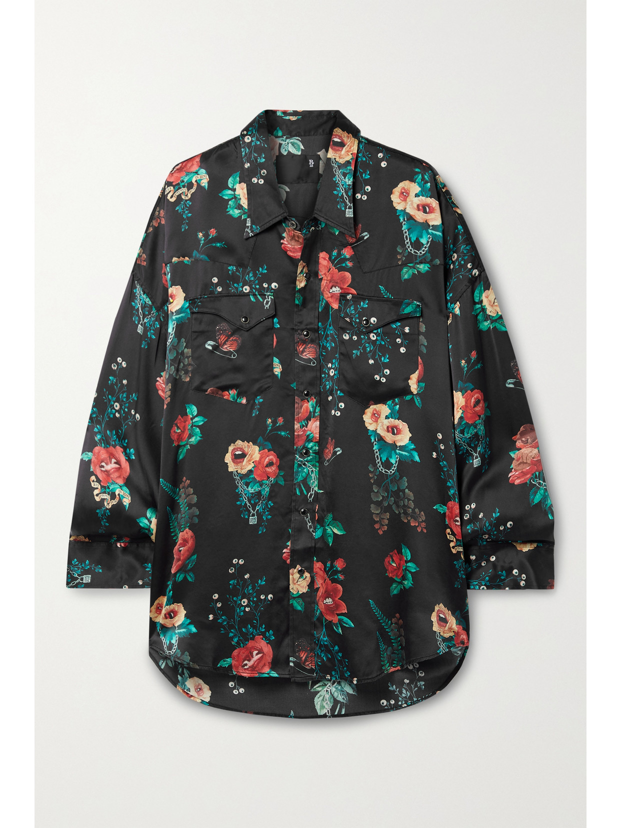 R13 X Useless Treasures Floral Print Oversize Silk Shirt In Black