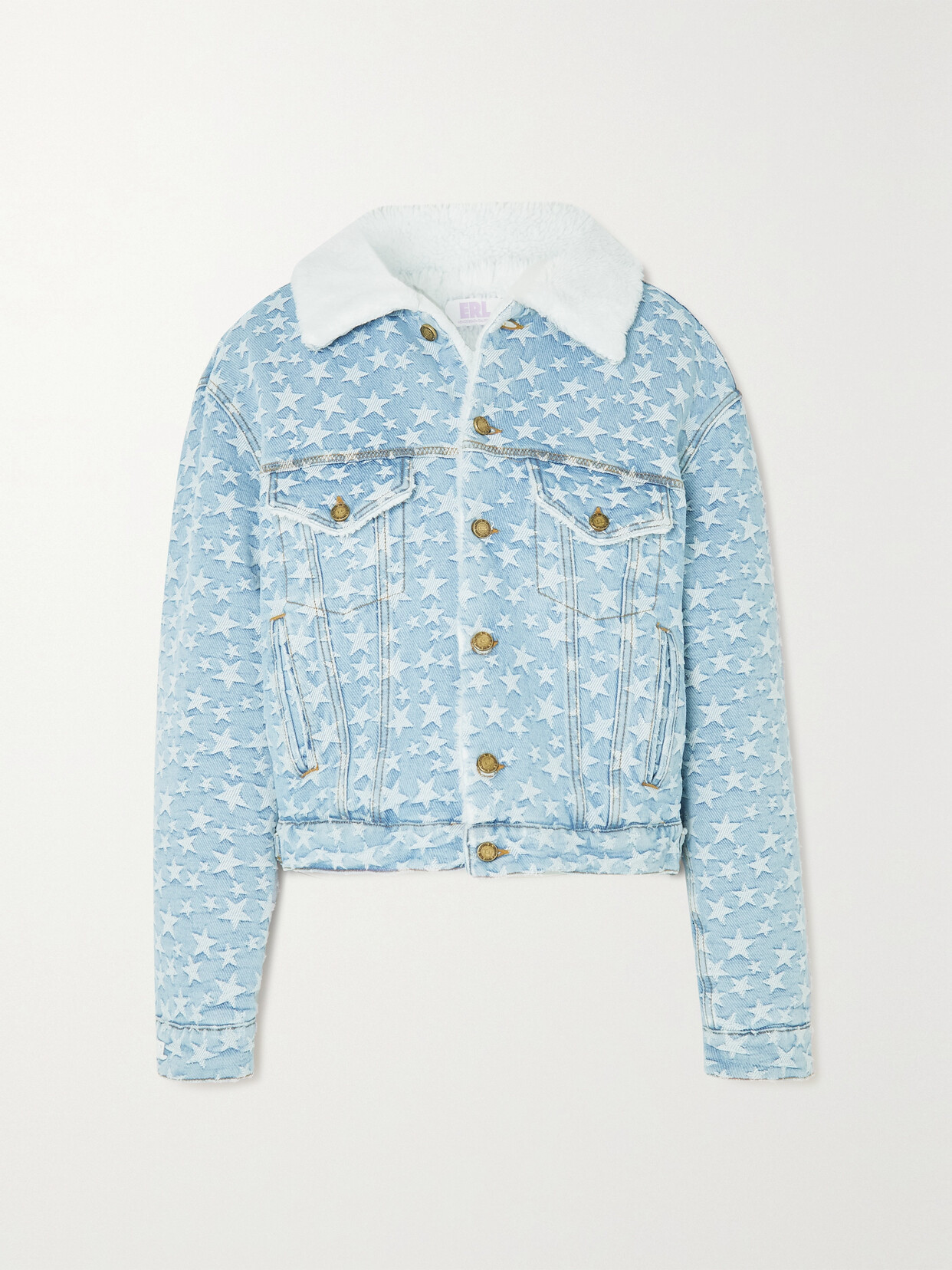 Shop Erl Fleece-trimmed Denim-jacquard Jacket In Blue