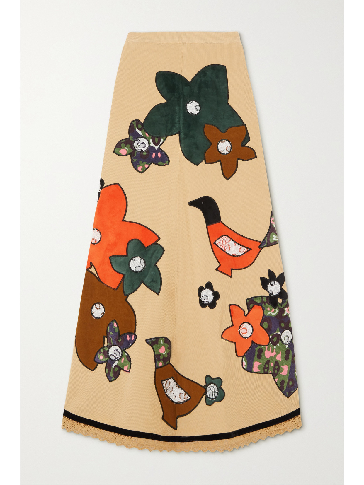 ERL - Crochet-trimmed Appliquéd Cotton-corduroy Maxi Skirt - Beige 22 Awaiting product image