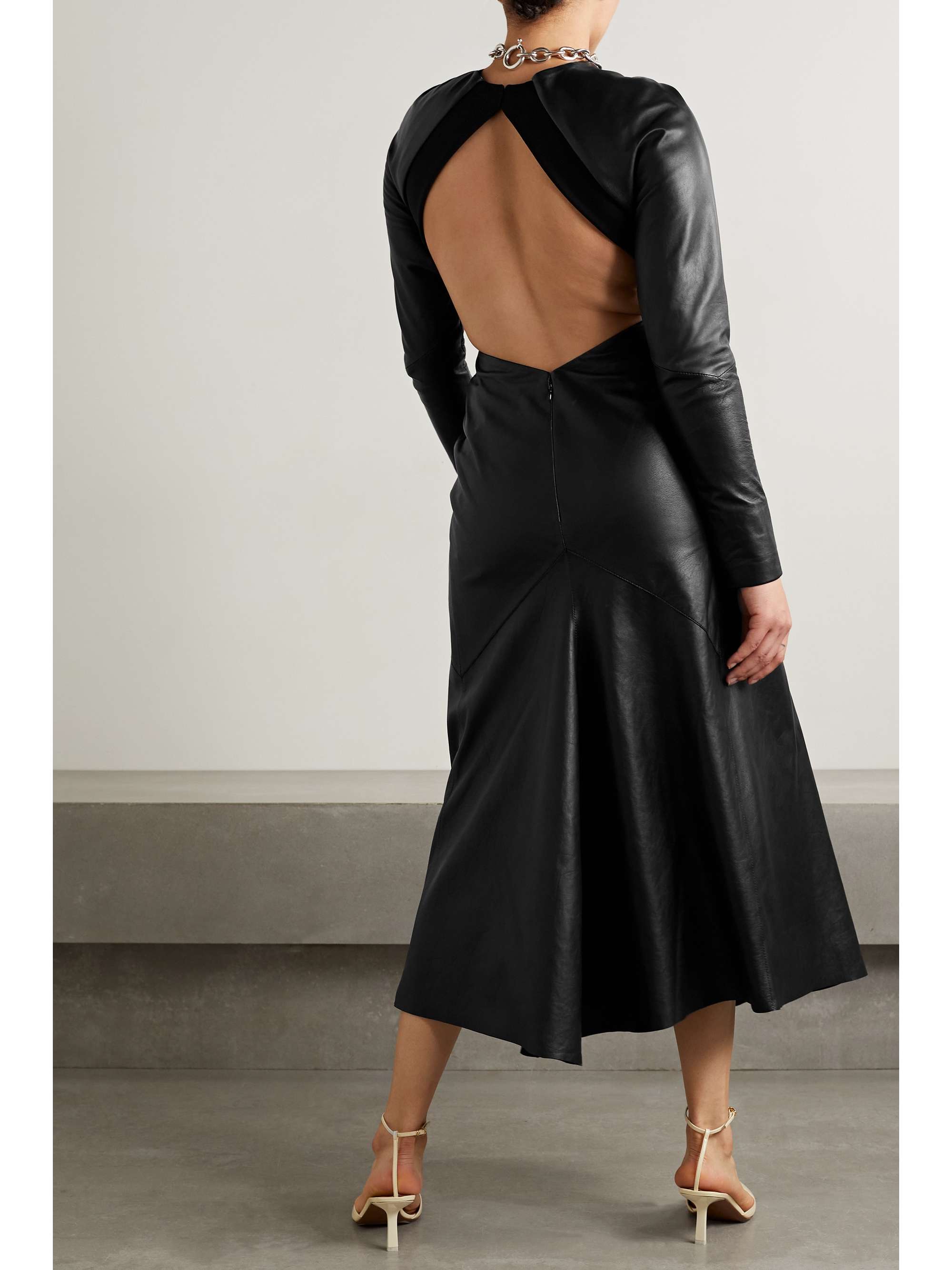 VICTORIA BECKHAM Twist-front open-back jersey-trimmed leather midi dress