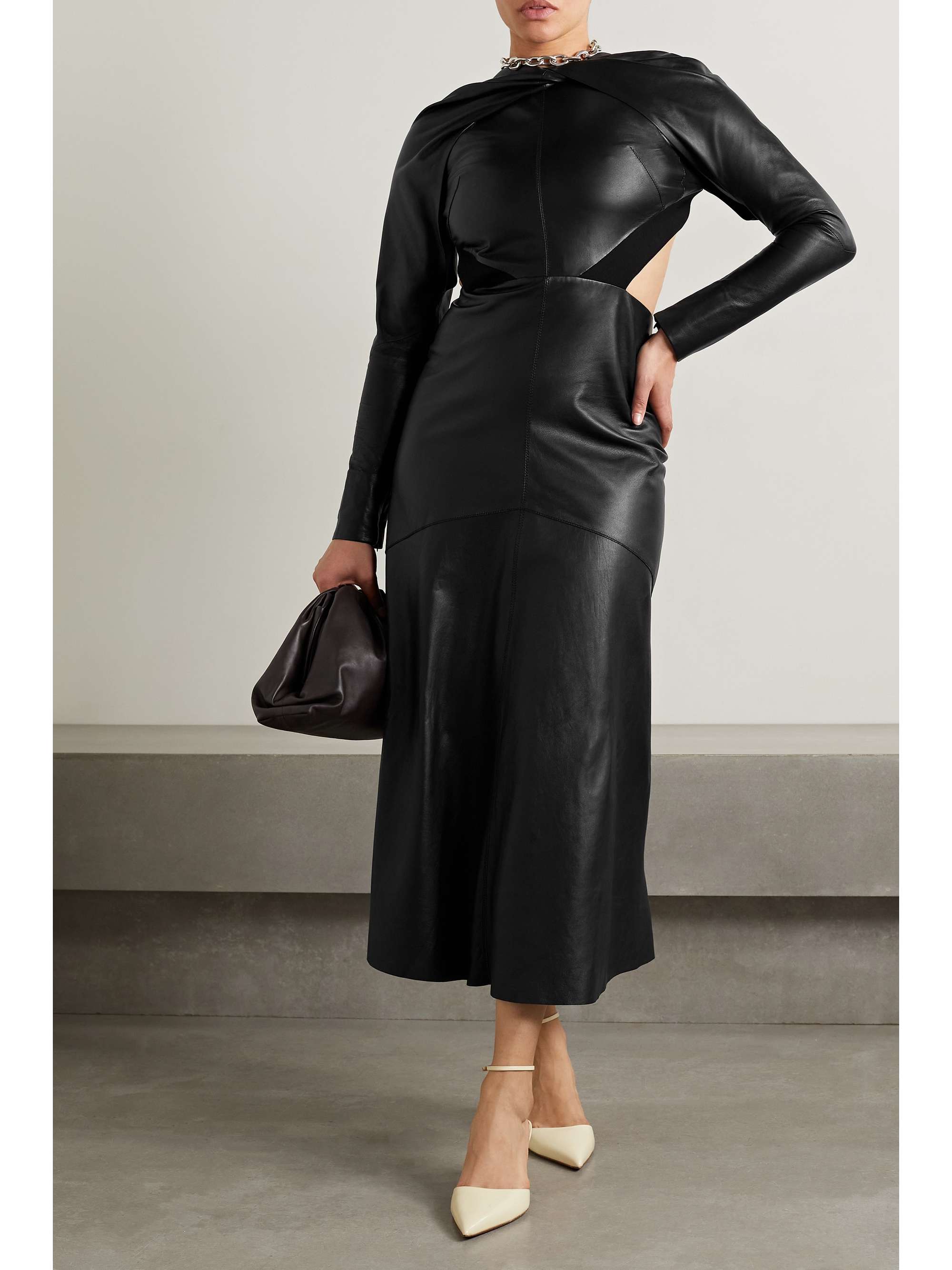 VICTORIA BECKHAM Twist-front open-back jersey-trimmed leather midi dress