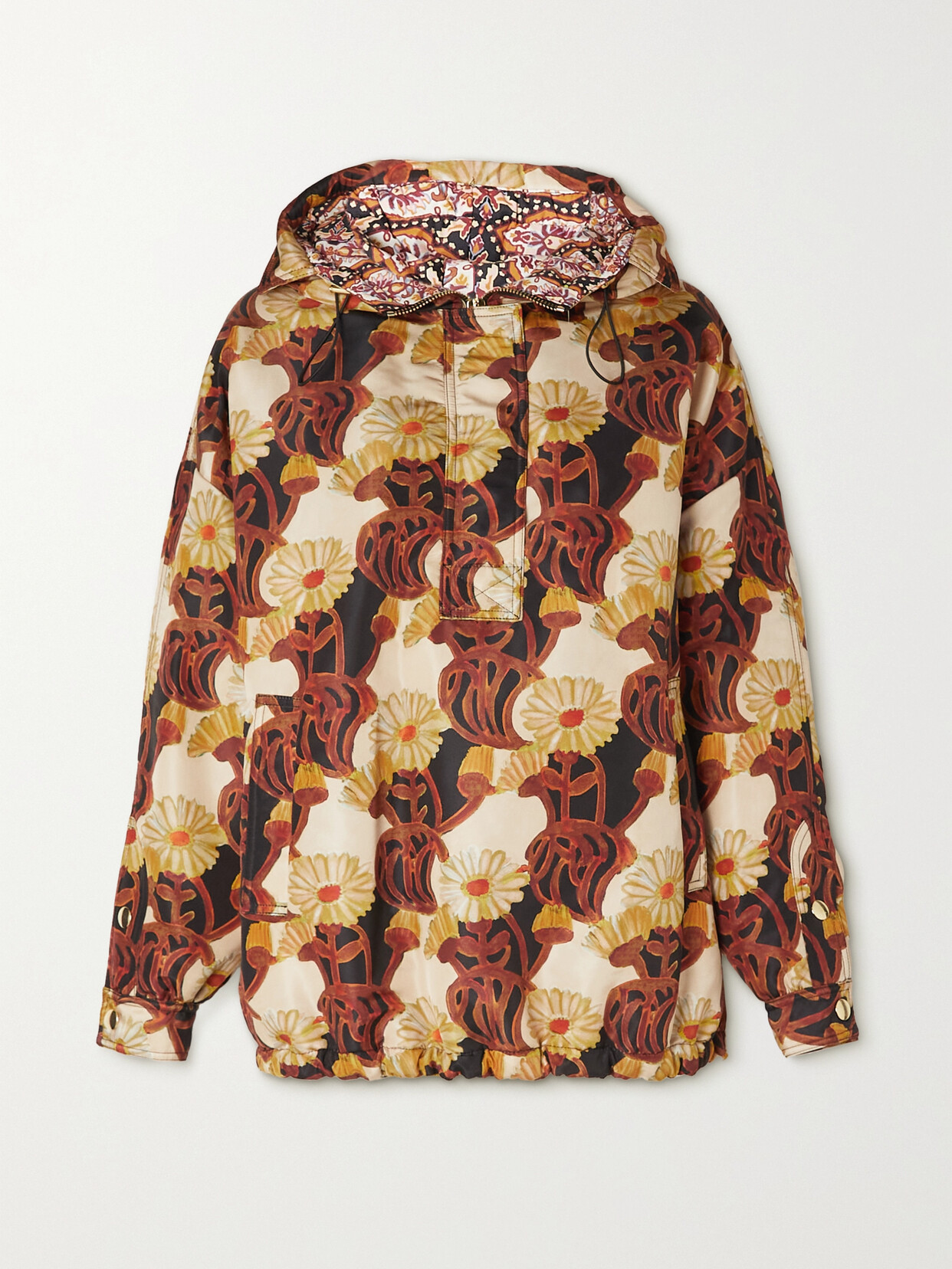 La Doublej Padded Floral-print Shell Hooded Jacket In Brown