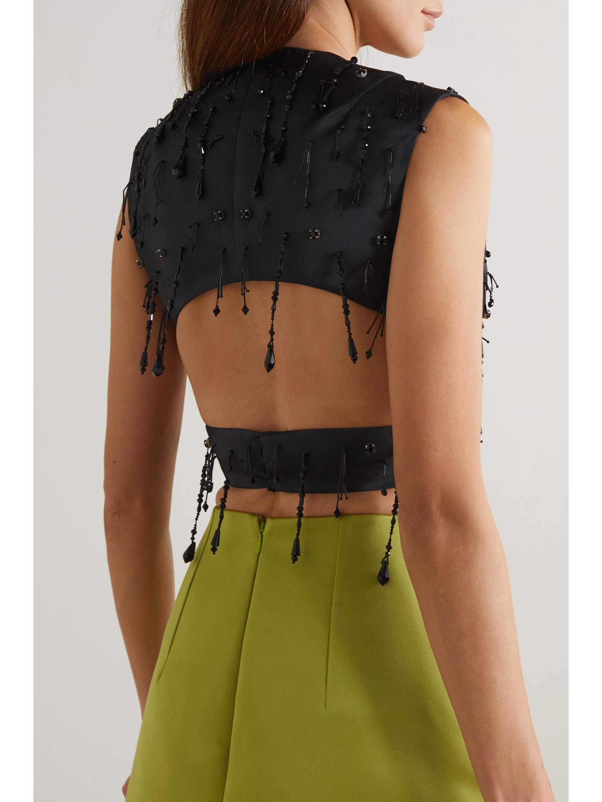 EMILIA WICKSTEAD Tara cropped bead-embellished cutout duchesse-satin top