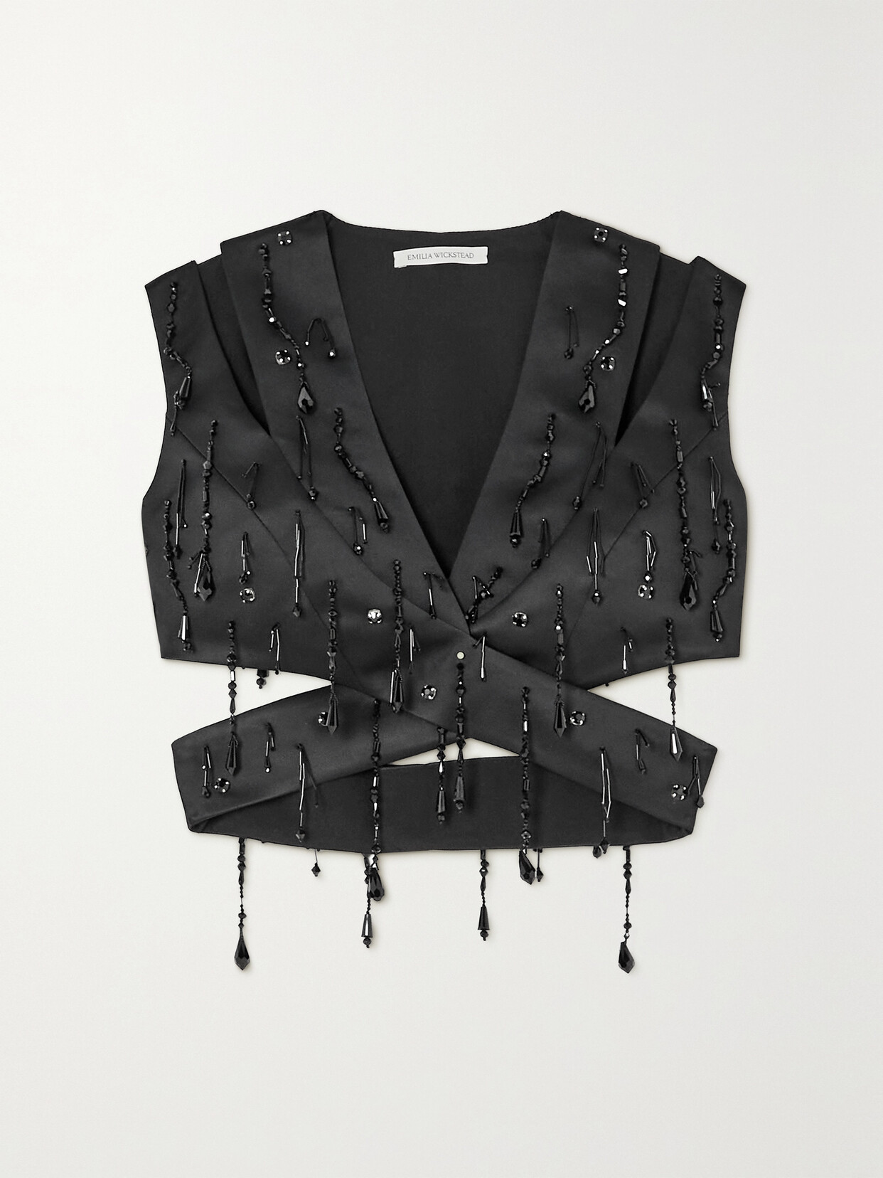 Emilia Wickstead Tara Cropped Bead-embellished Cutout Duchesse-satin Top In Black