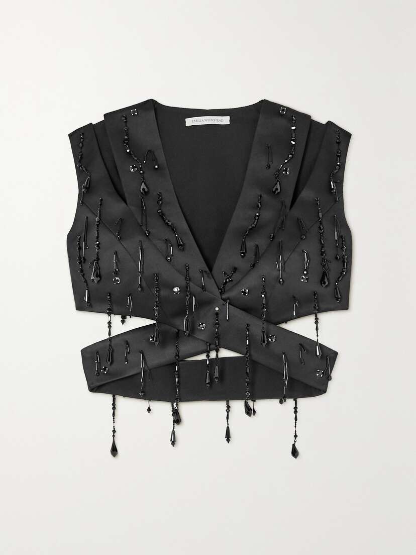 Emilia Wickstead Tara Cropped Bead-embellished Cutout Duchesse-satin Top
