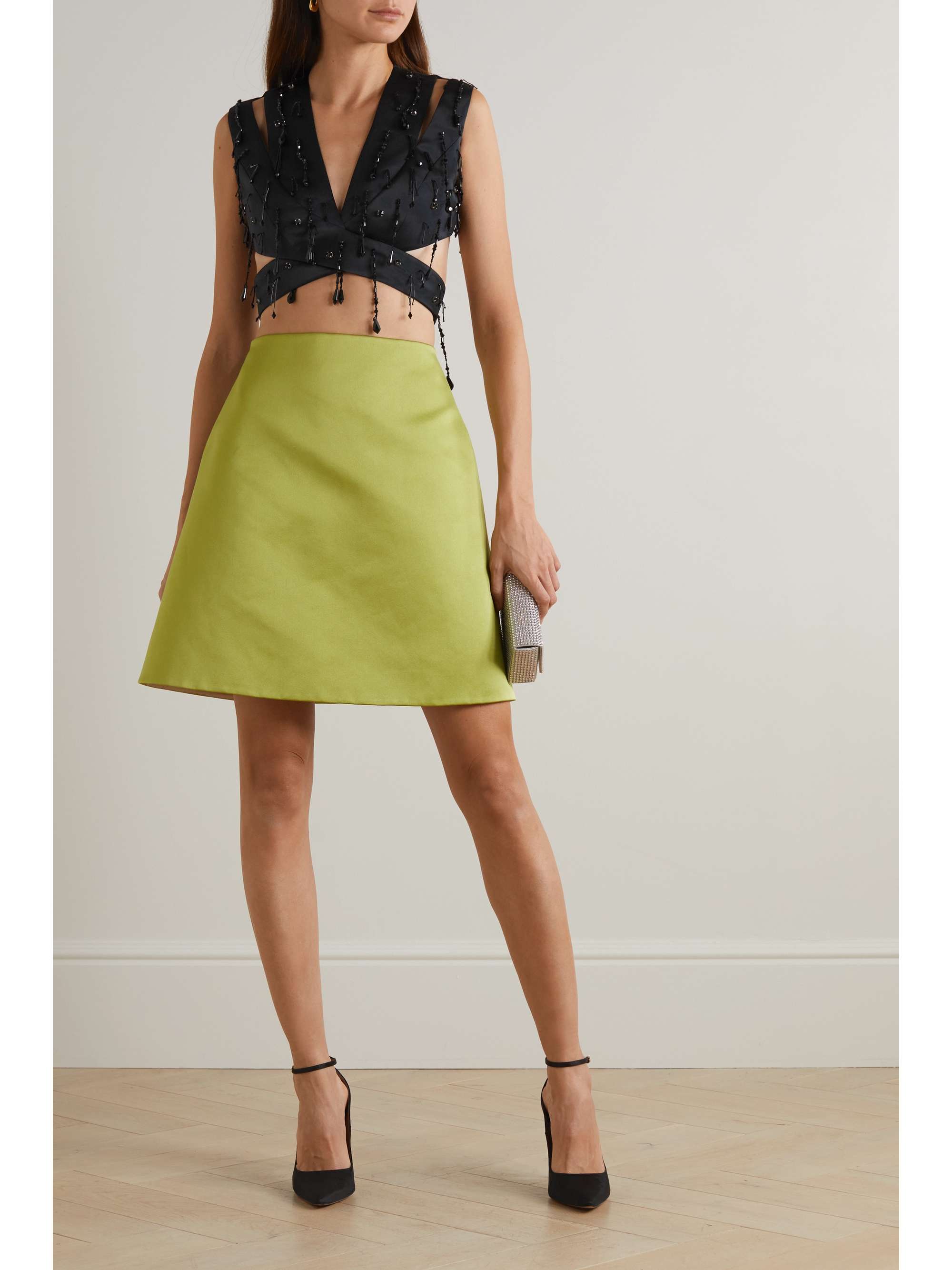 EMILIA WICKSTEAD Tara cropped bead-embellished cutout duchesse-satin top