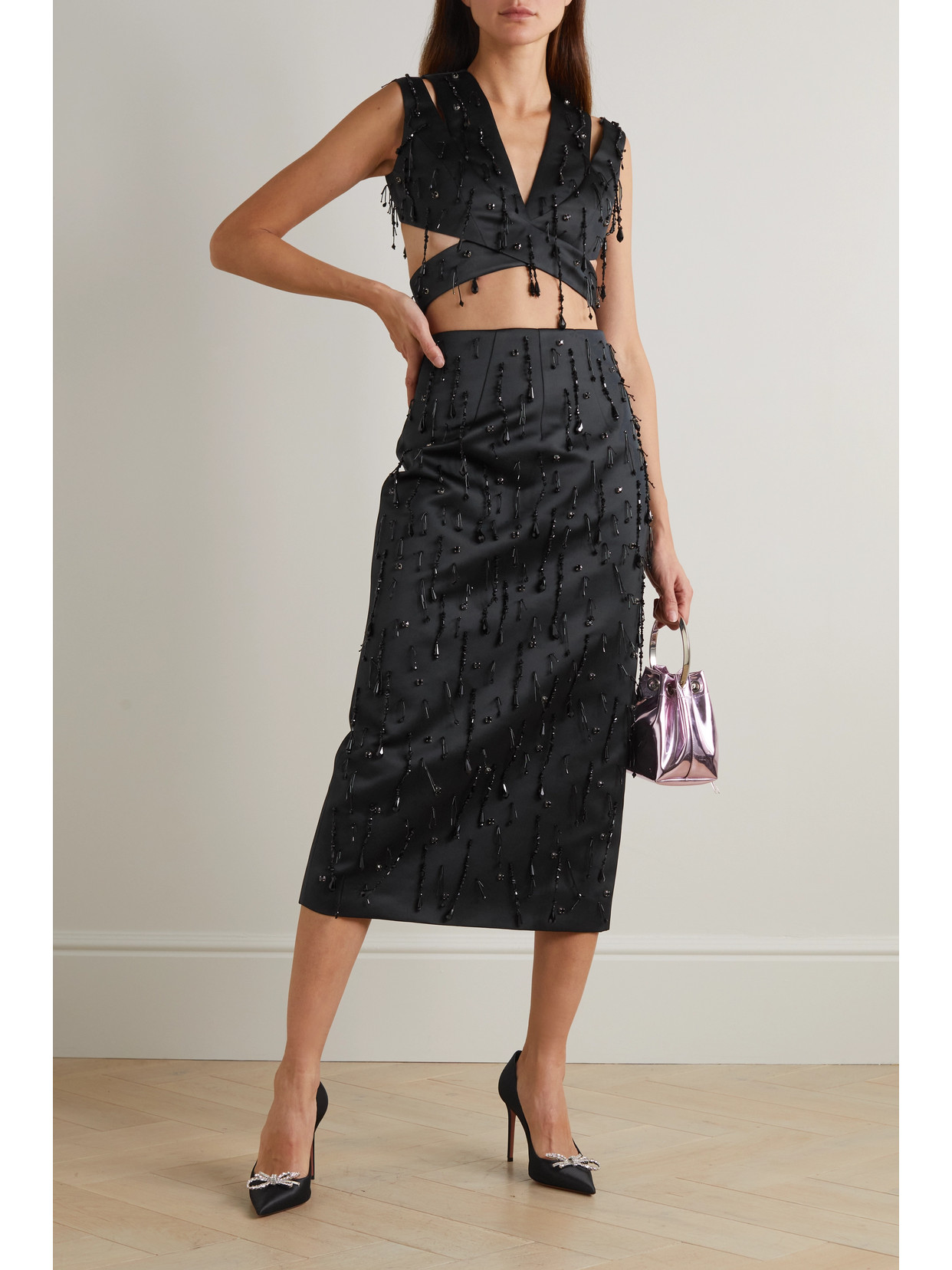 Emilia Wickstead Tara Cropped Bead-embellished Cutout Duchesse-satin Top In Black