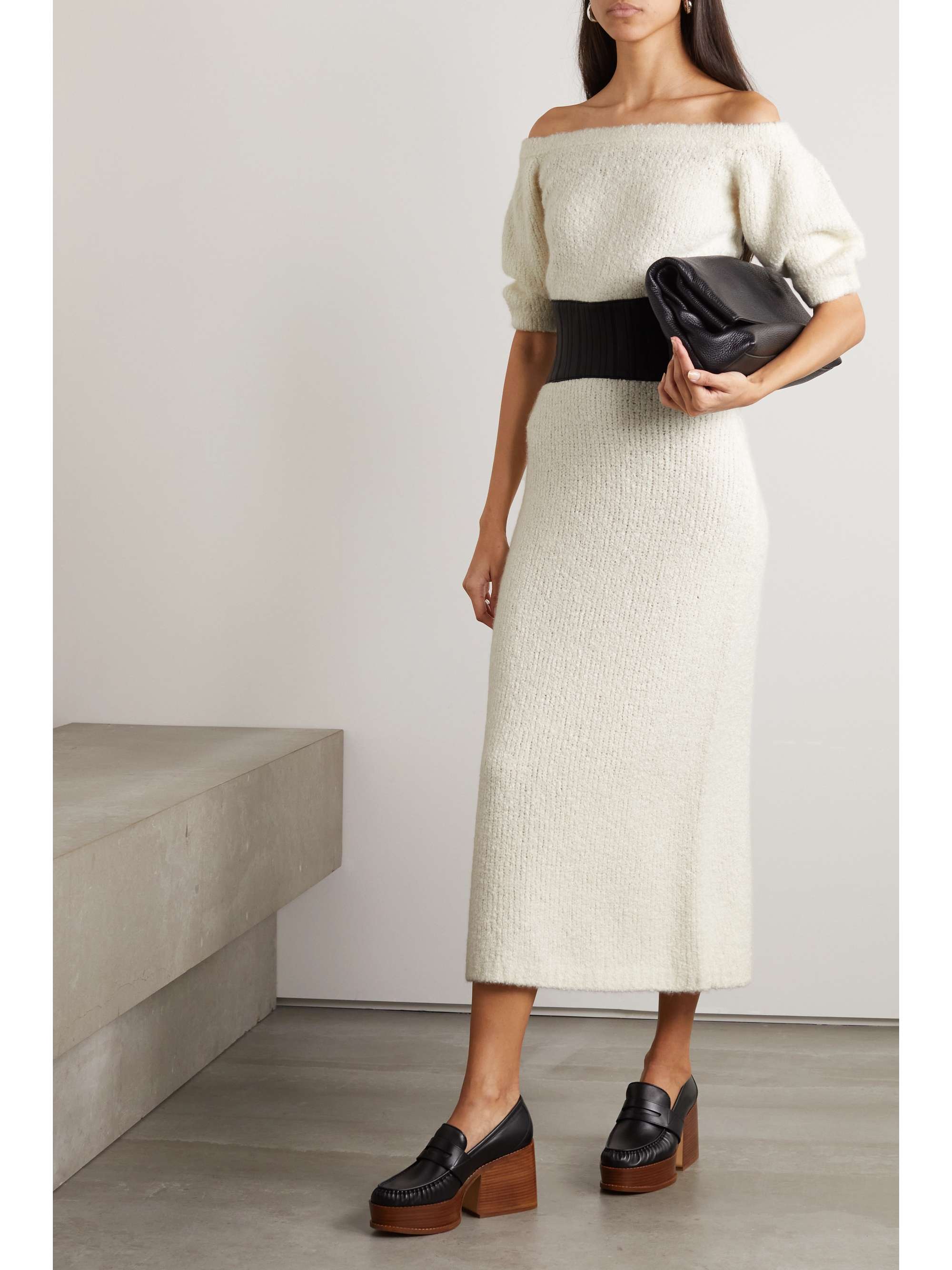 GABRIELA HEARST Blitz off-the-shoulder leather-trimmed cashmere midi dress