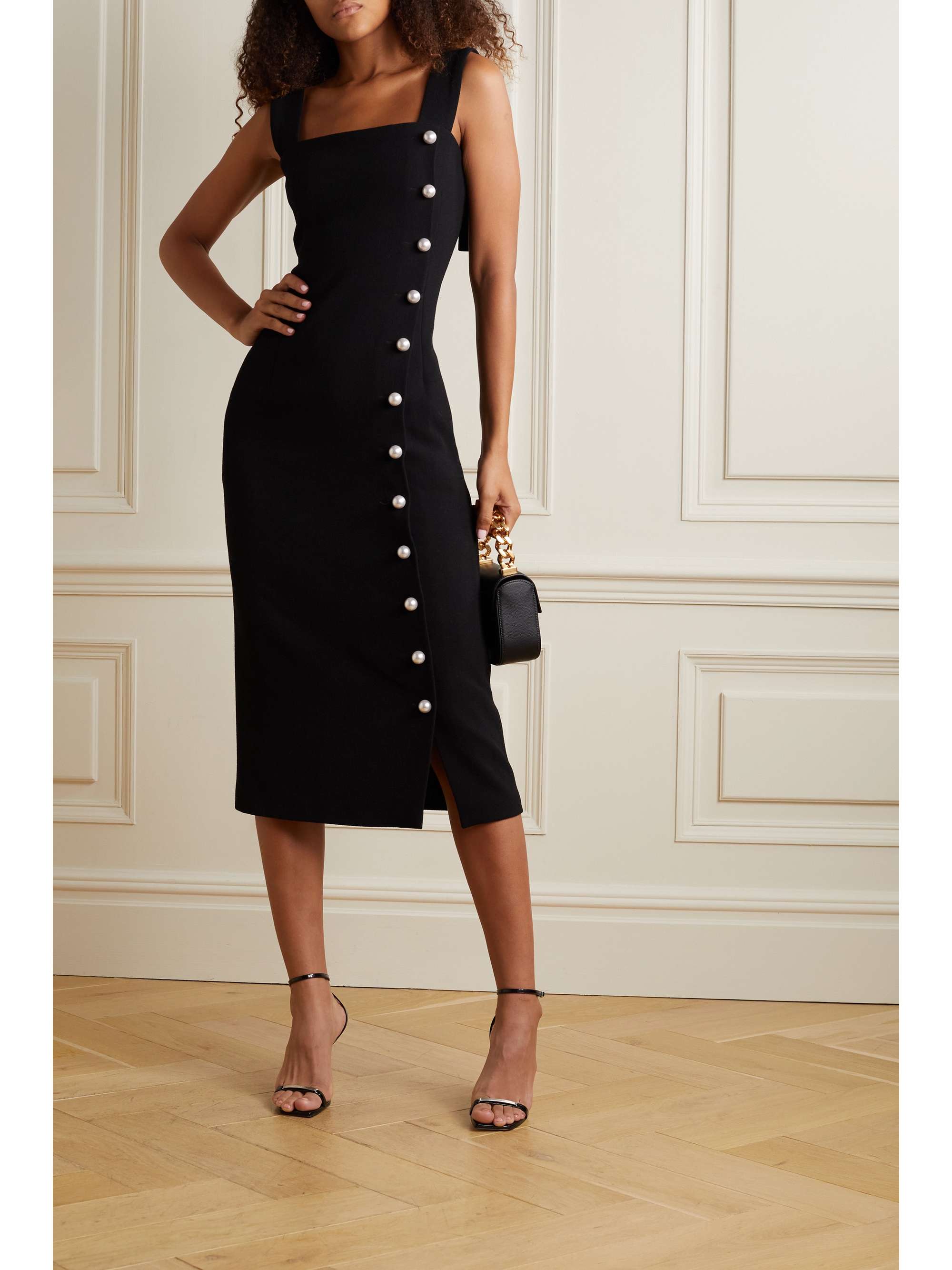 Black Faux pearl-embellished wool-crepe midi dress | ADAM LIPPES | NET ...