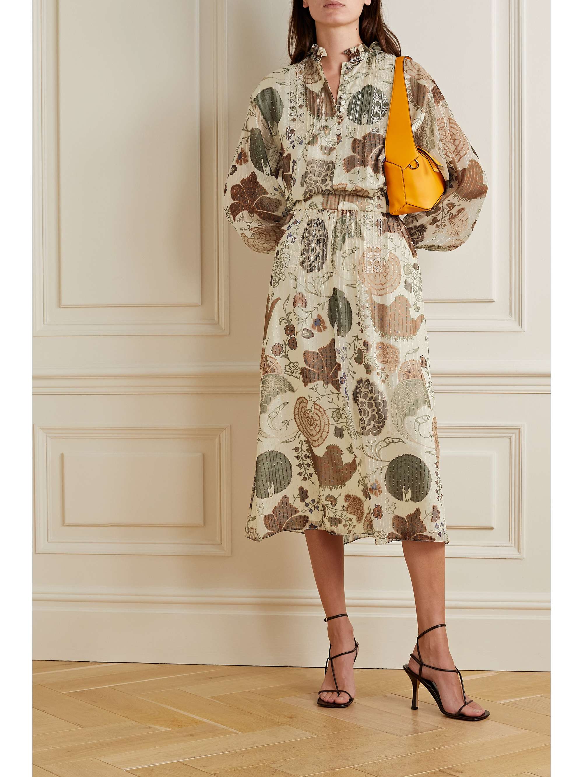 LAFAYETTE 148 Pleated embroidered printed silkblend chiffon midi dress