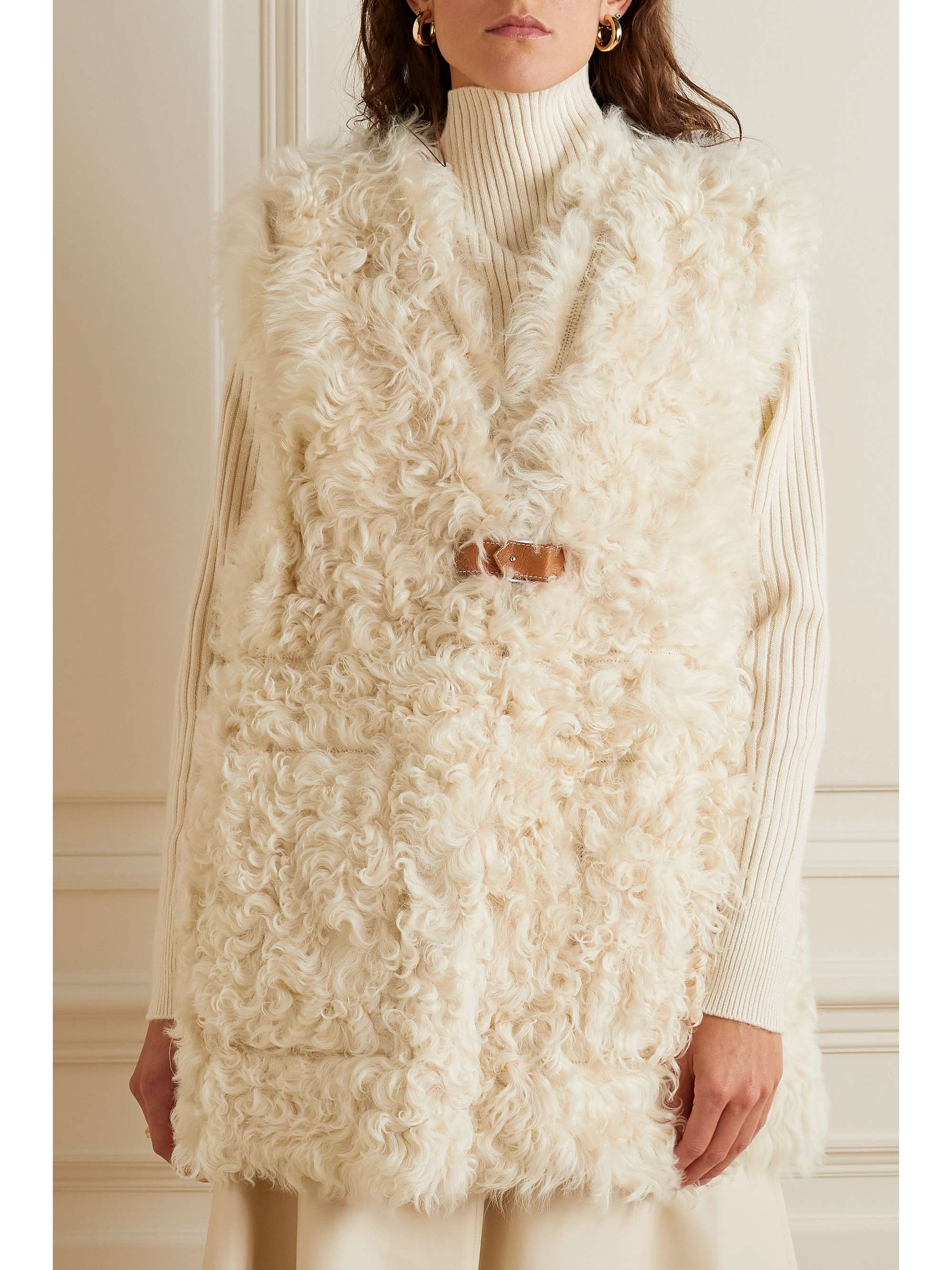 Reversible leather-trimmed shearling vest