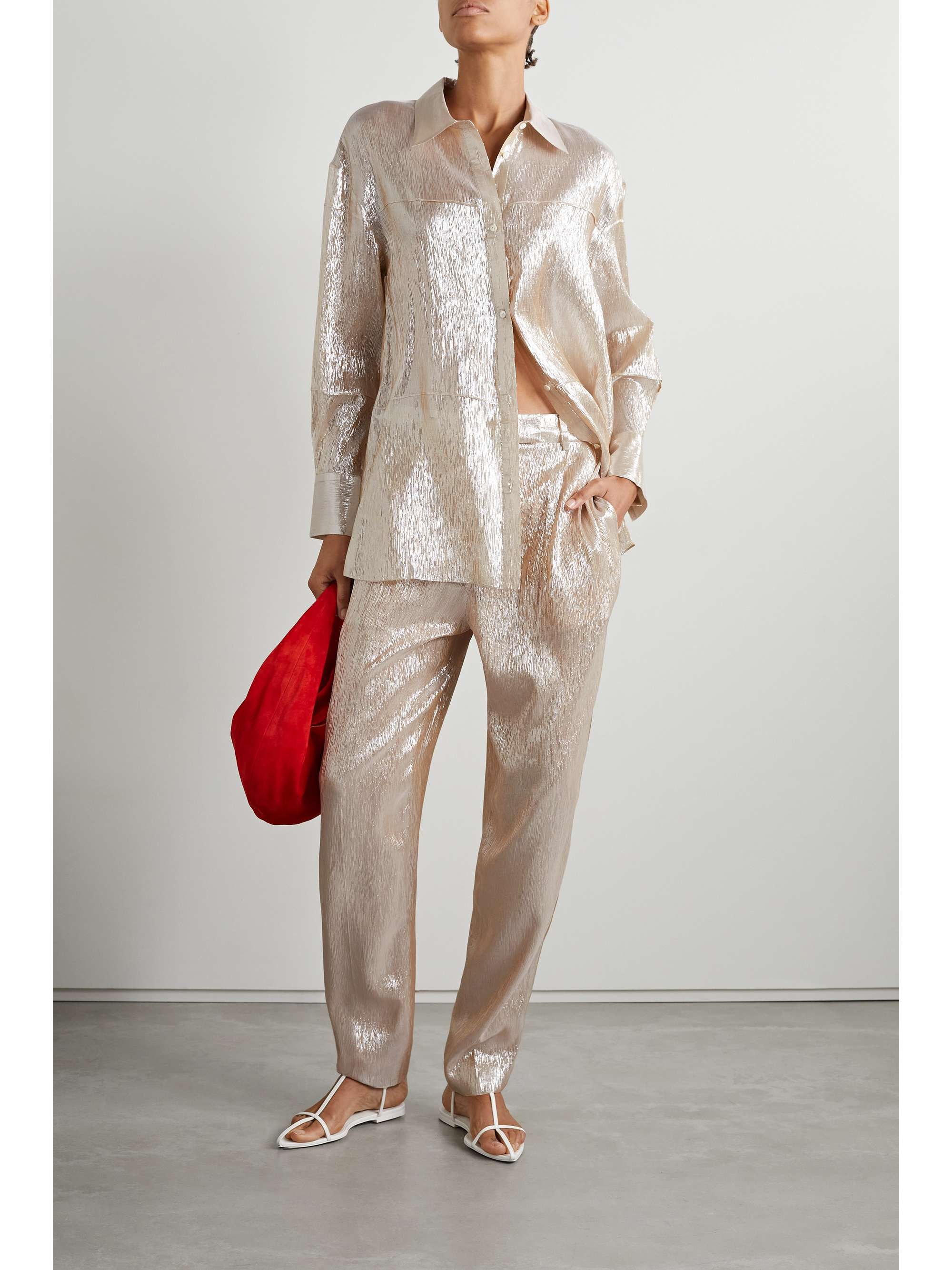 PARTOW Bacall metallic silk-blend chiffon straight-leg pants