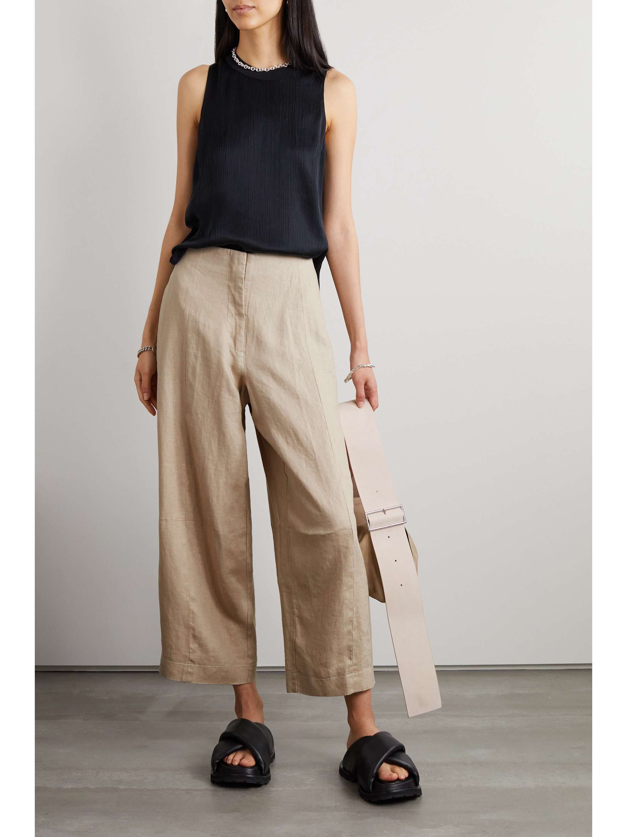 Beige Cropped linen wide-leg pants 