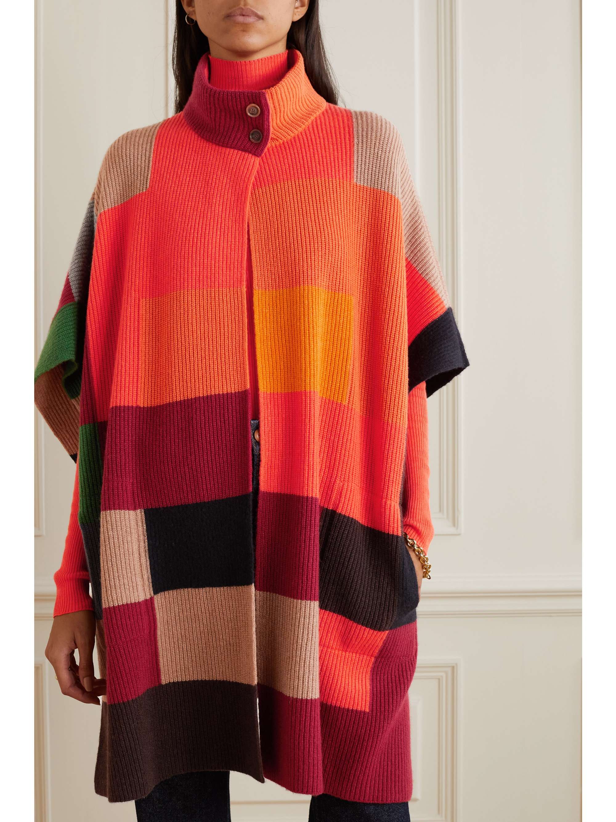 AKRIS Ribbed intarsia cashmere, wool and silk-blend turtleneck cape
