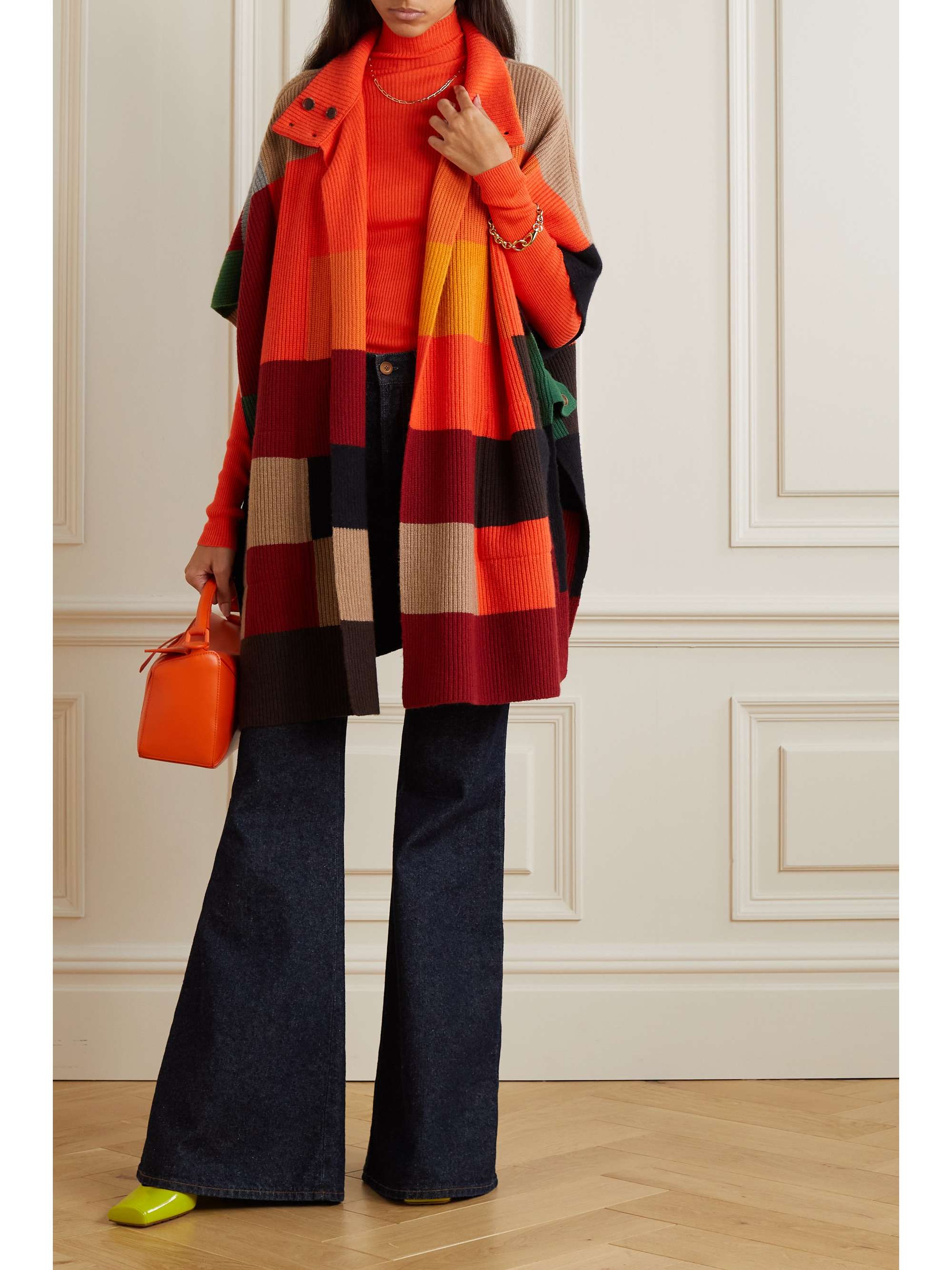 AKRIS Ribbed intarsia cashmere, wool and silk-blend turtleneck cape
