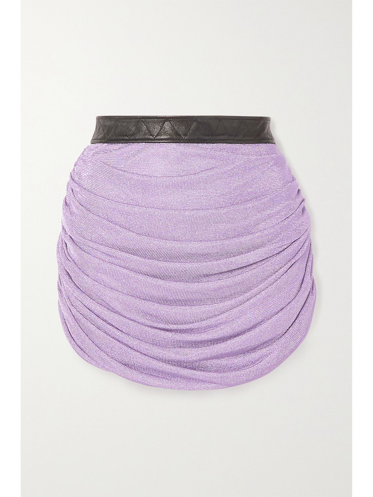 Khaite Draitton Leather-trimmed Ruched Metallic Knitted Mini Skirt In Purple