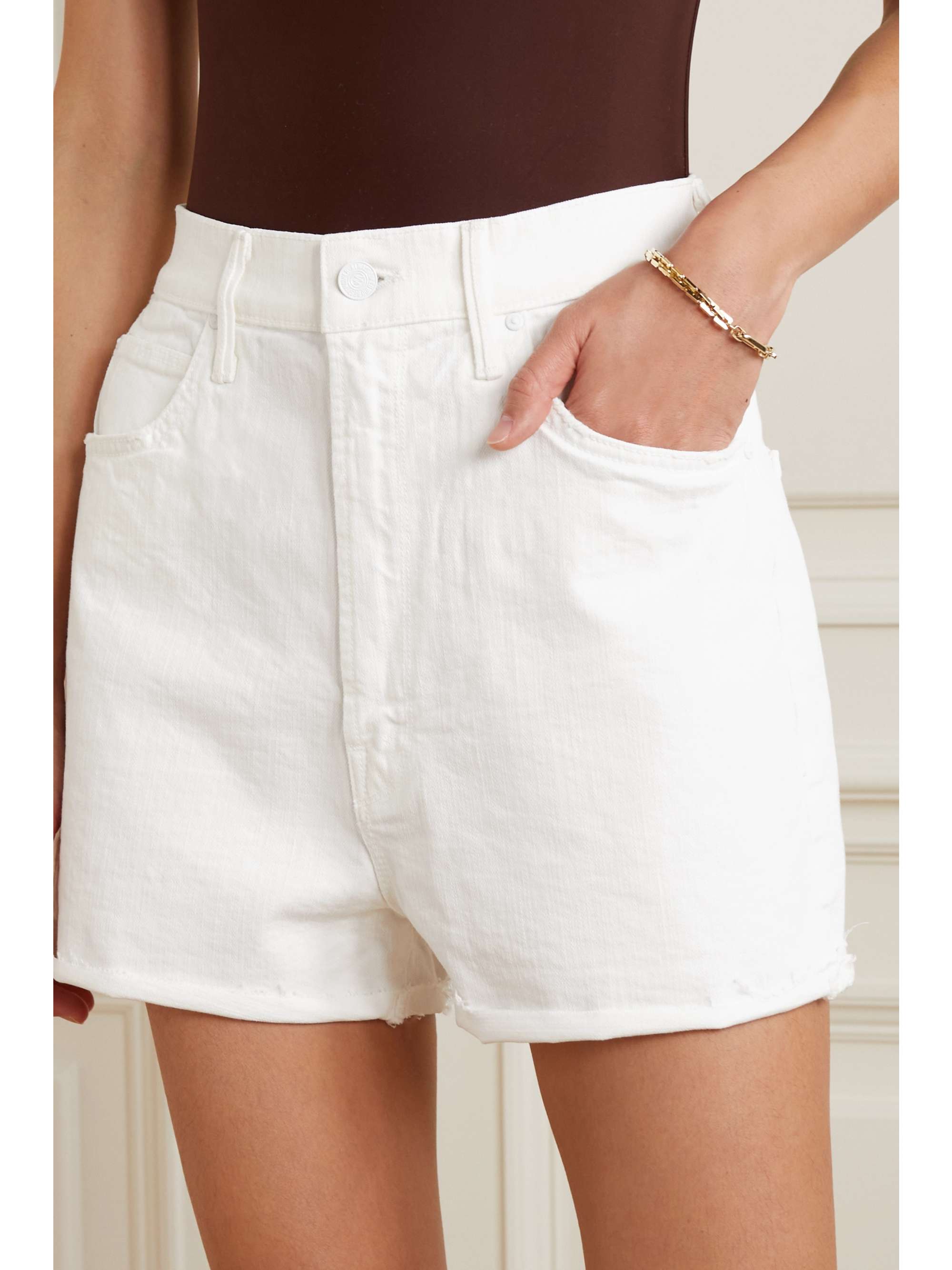 White Tunnel Vision frayed denim shorts 