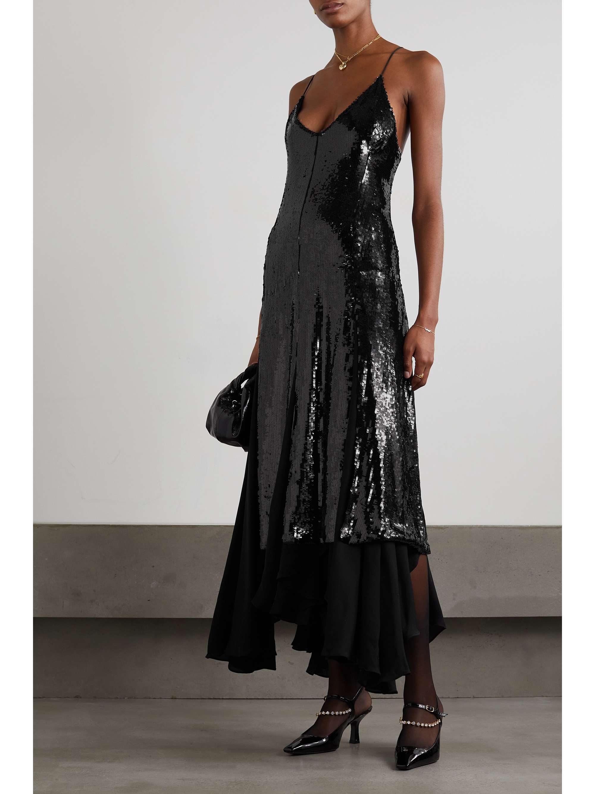 KHAITE Clover paneled sequined chiffon midi dress