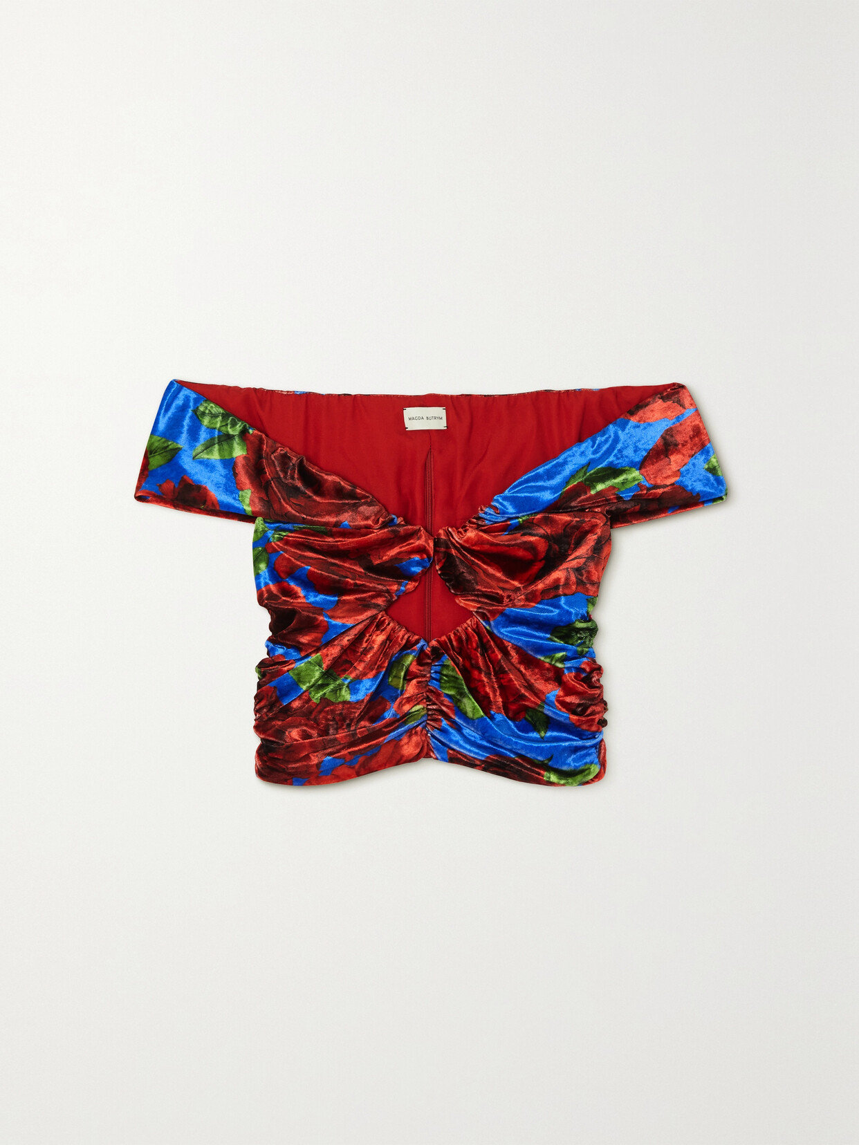 Shop Magda Butrym Off-the-shoulder Cropped Cutout Floral-print Velvet Top In Red