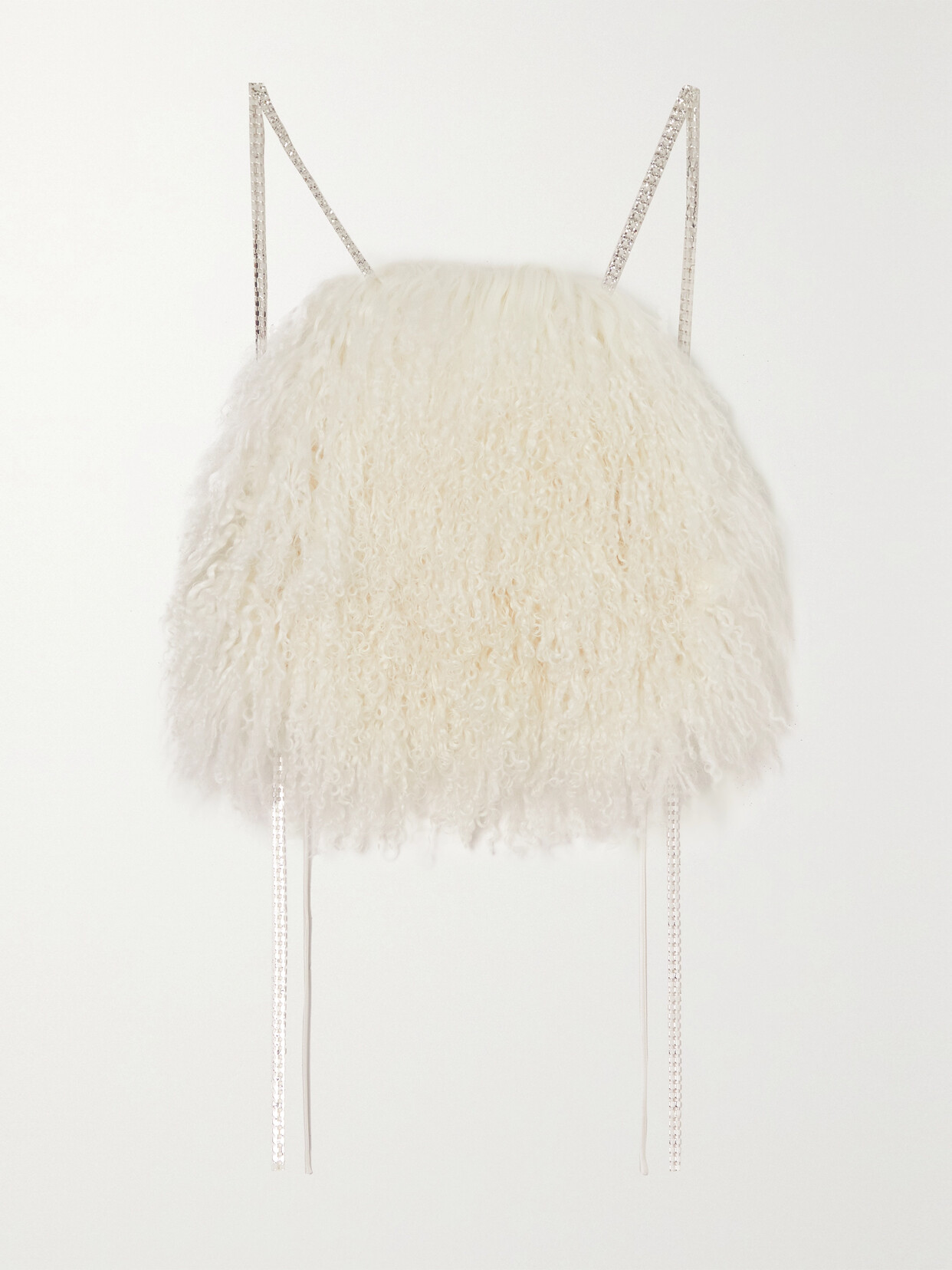 Magda Butrym Cropped Open-back Crystal-embellished Shearling And Silk-satin Top