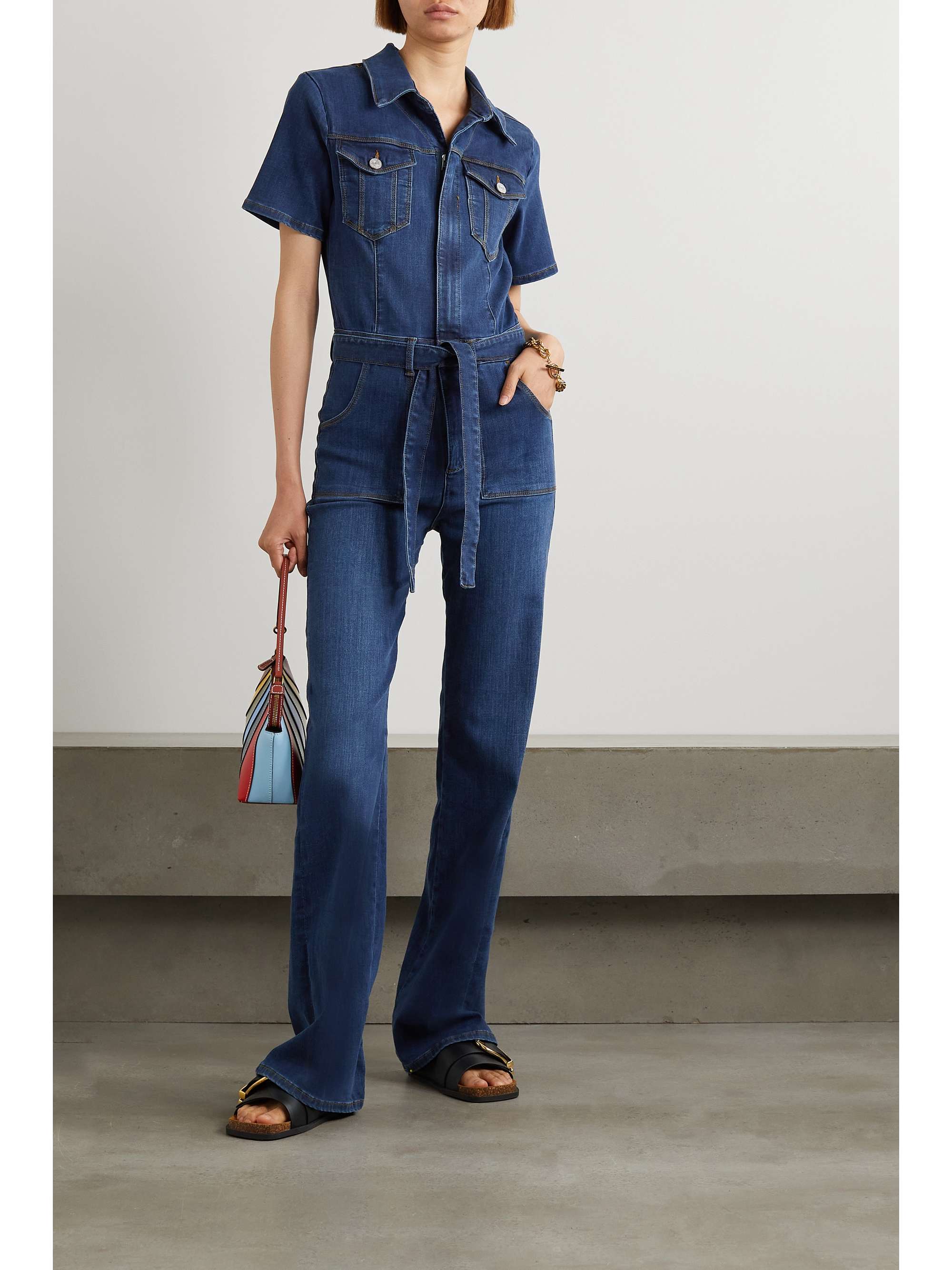 Dark denim Flare de Francoise belted stretch-denim jumpsuit | FRAME ...