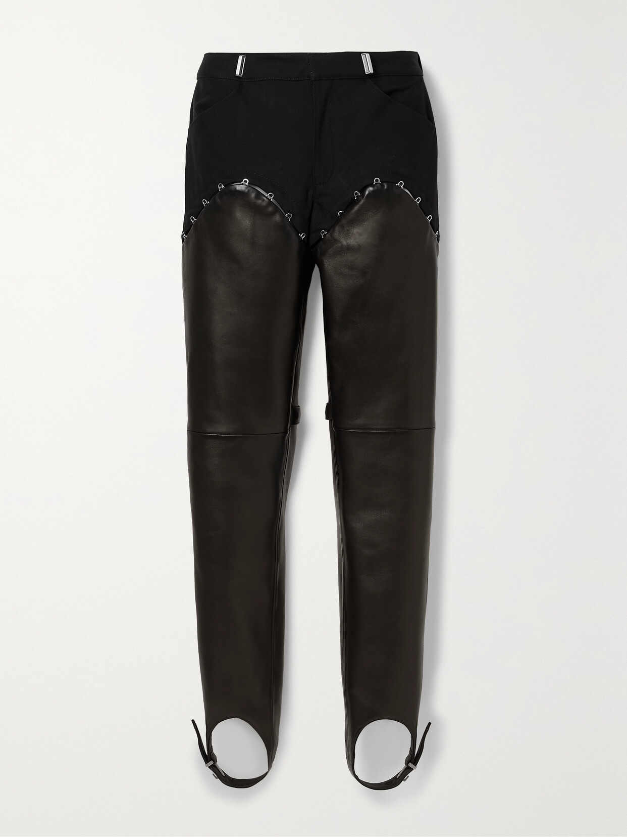 DION LEE CONVERTIBLE TWILL AND LEATHER STRAIGHT-LEG STIRRUP PANTS