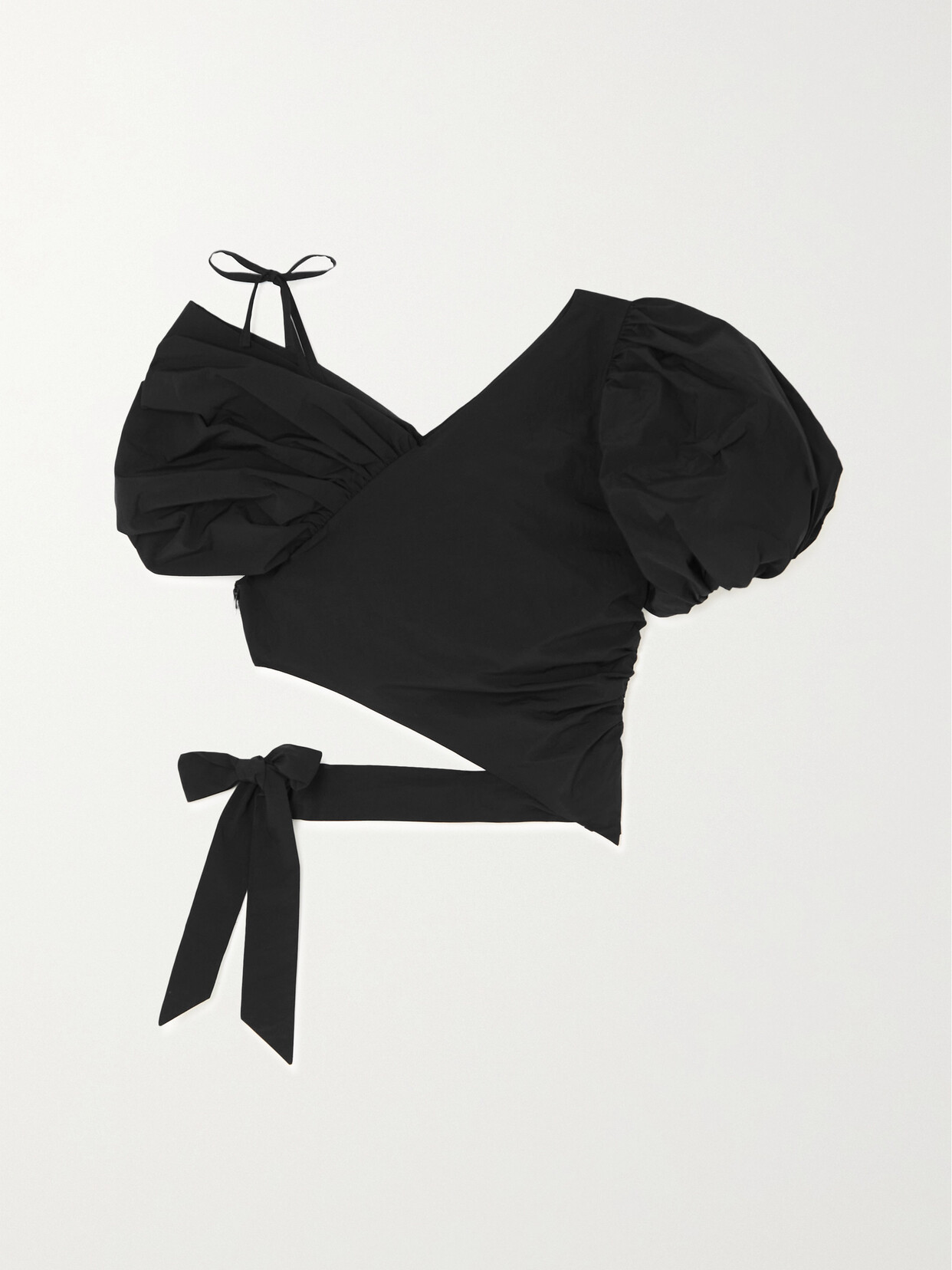 Minjukim Asymmetric Cropped Gathered Taffeta Top In Black