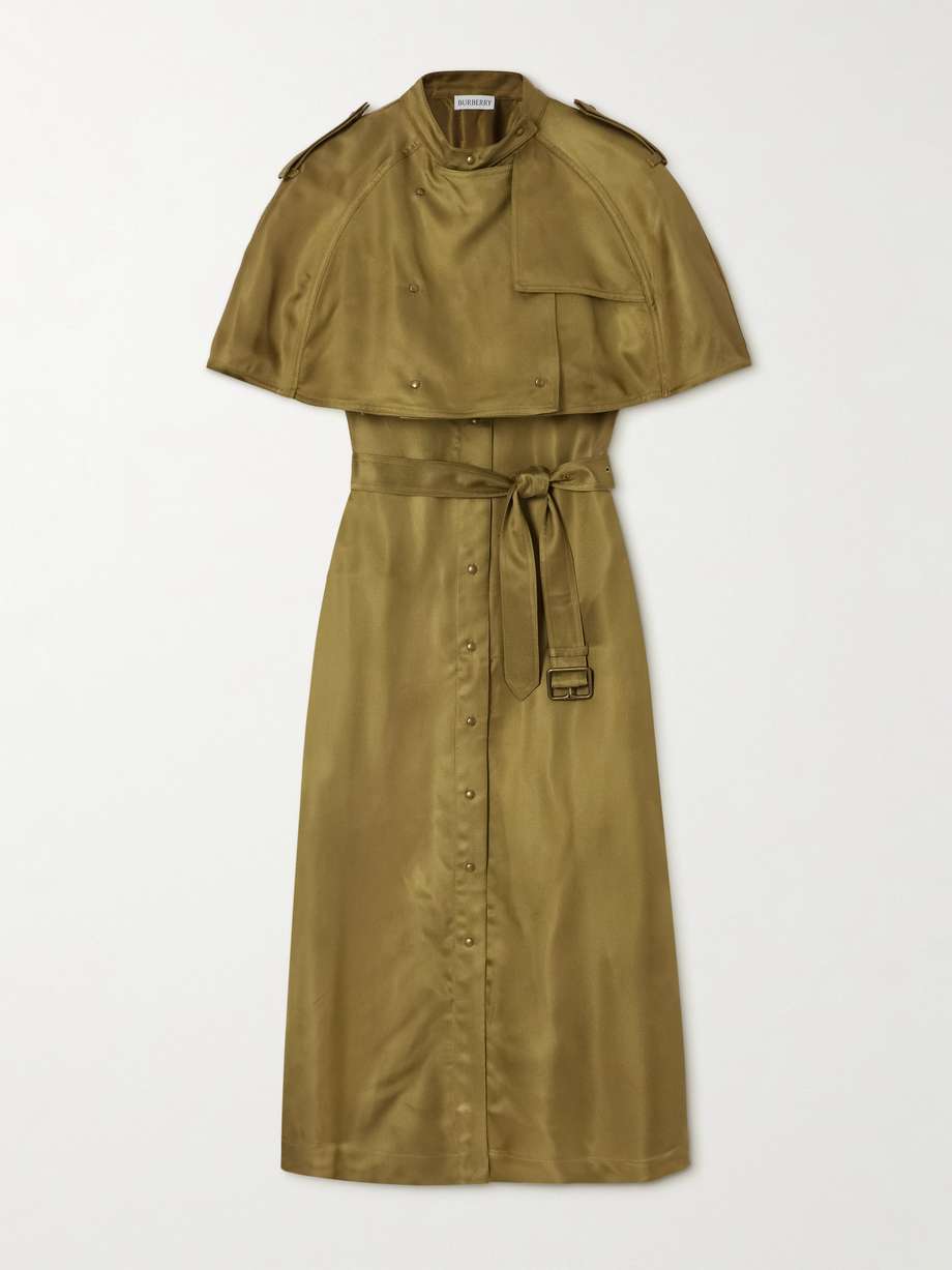 layered belted satin-twill midi dress