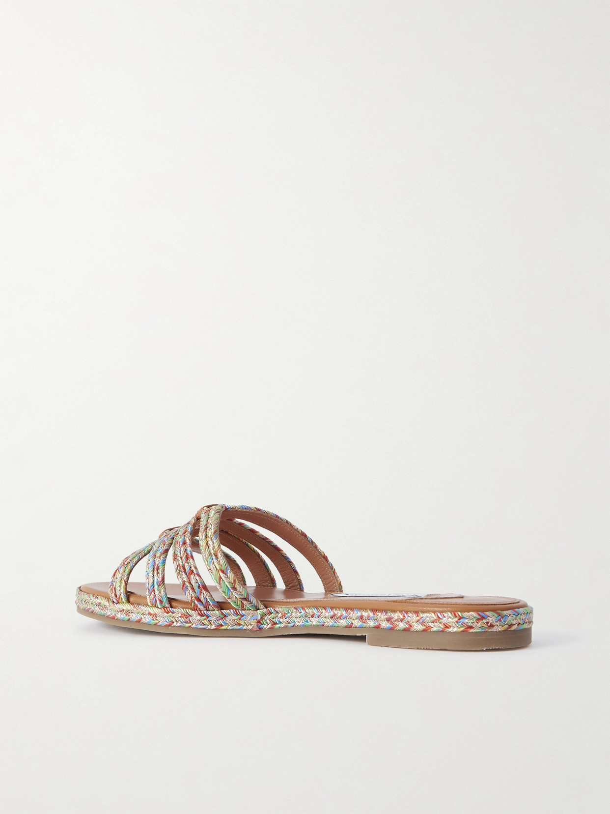 AQUAZZURA PLAYITA LEATHER-TRIMMED METALLIC WOVEN CORD SLIDES