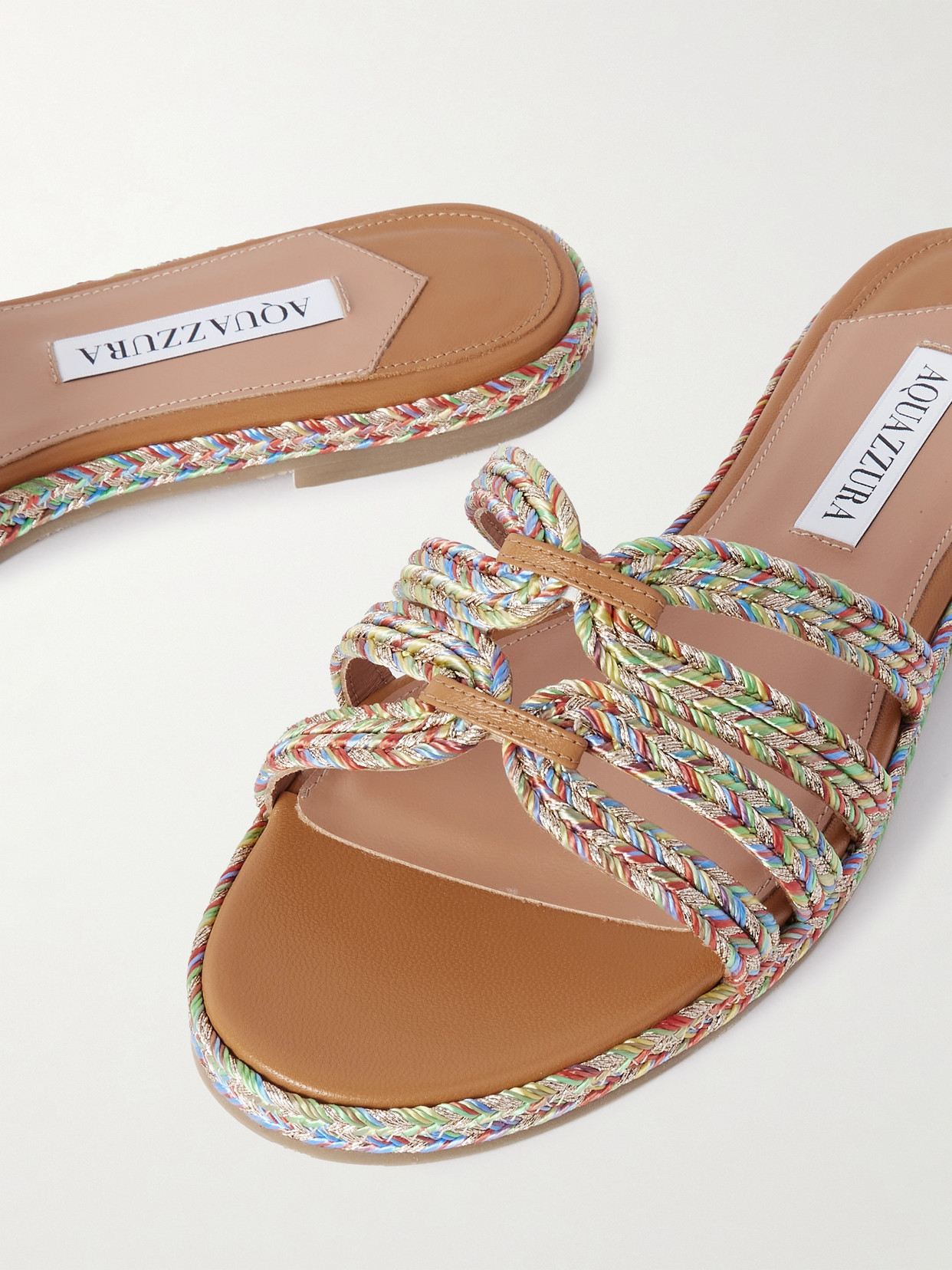 AQUAZZURA PLAYITA LEATHER-TRIMMED METALLIC WOVEN CORD SLIDES