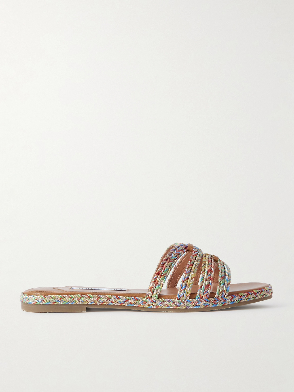 AQUAZZURA PLAYITA LEATHER-TRIMMED METALLIC WOVEN CORD SLIDES