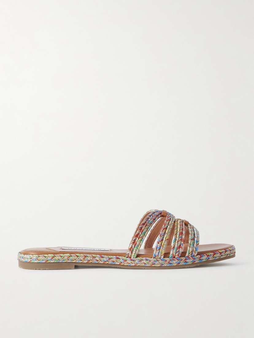 Aquazzura Playita Leather-trimmed Metallic Woven Cord Slides