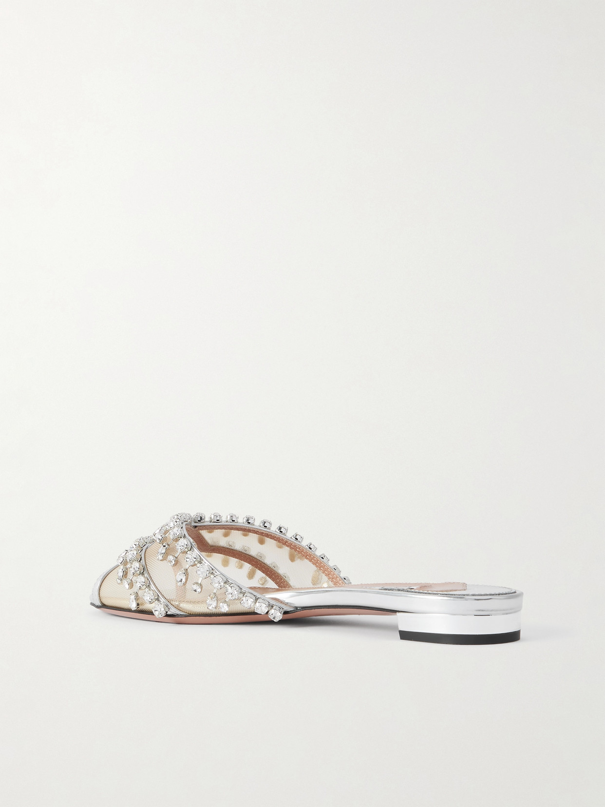 Aquazzura Temptation Crystal-embellished Mesh-trimmed Metallic Leather Slides In Silver