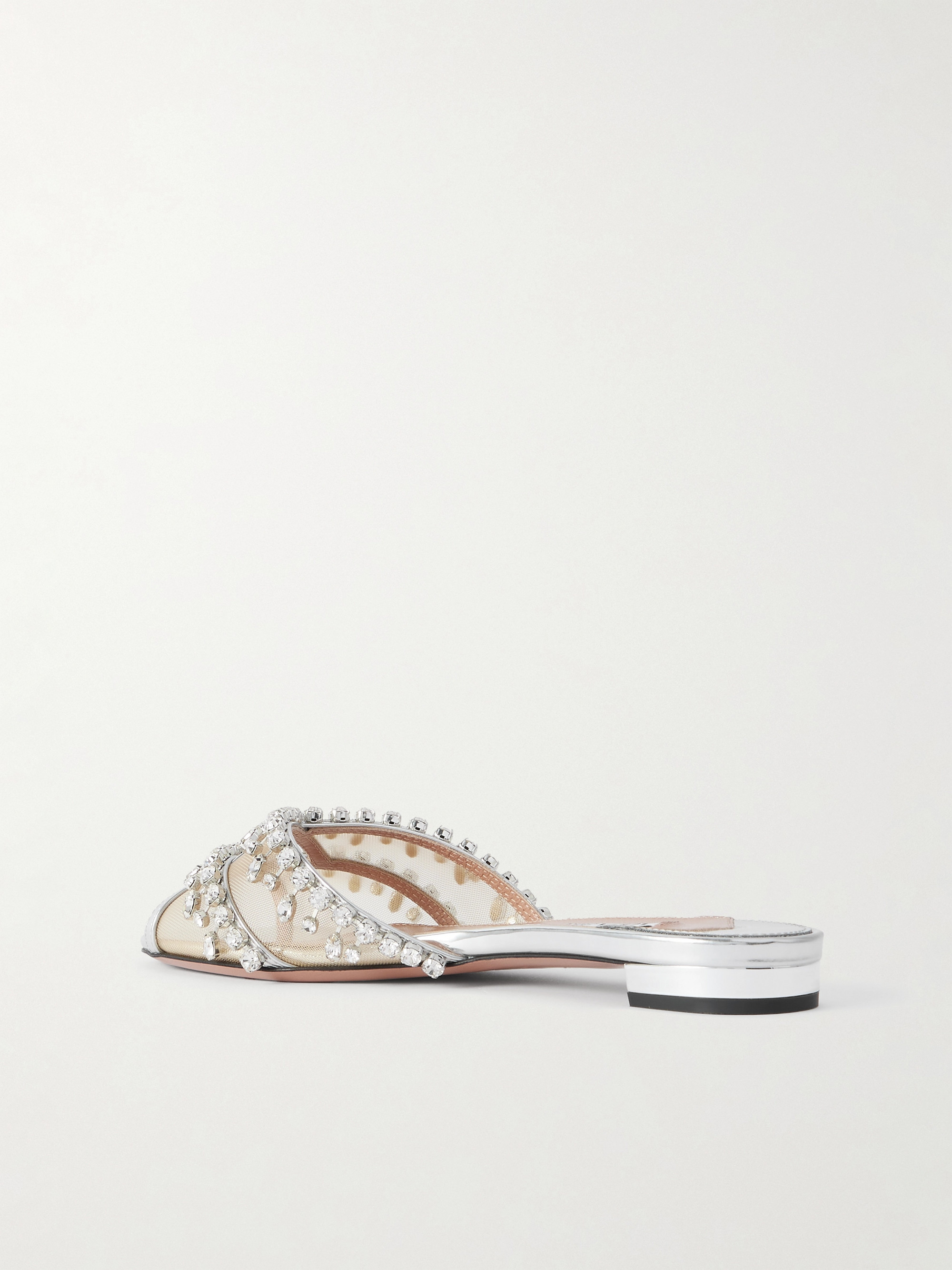 AQUAZZURA Temptation crystal-embellished mesh-trimmed metallic leather slides